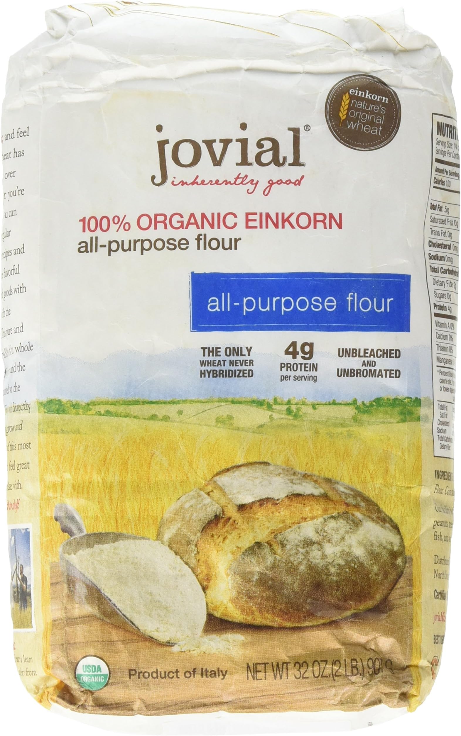 Jovial Organic Einkorn Unbleached All Purpose Flour - Bread Baking Flour for Sourdough, High Protein, Non-GMO, Use for Organic Pizza & Pasta, European Italian, Glyphosate Free - 32 Oz, 2 Pack