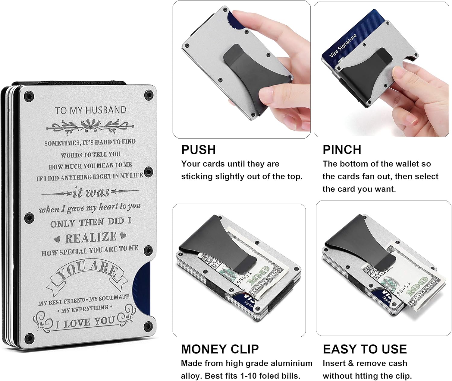 To My Husband Gift,Personalized Engraved Metal Wallet from Wife,Men Minimalist Love Message Custom Slim Aluminum Card Holder with Money Clip, For husband from wife, Minimalist