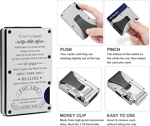 Miniatura 2 de Regalo para mi esposo Cartera de metal grabada minimalista personalizada para hombre de esposa Tarjetero delgado de aluminio personalizado con