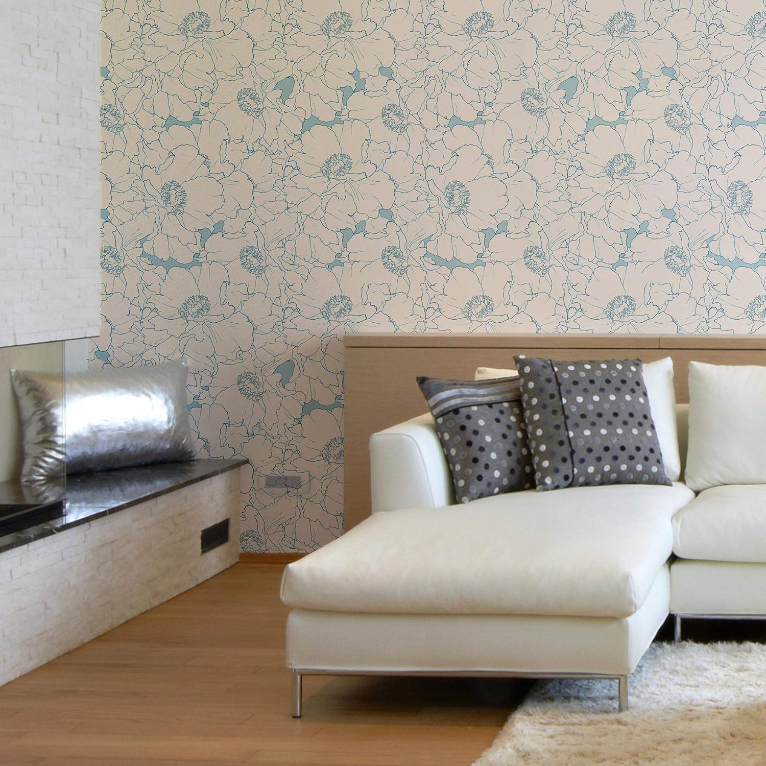 Walls By Me Peel and Stick Beige and Blue Motif Floral Removable Wallpaper 3382-2ft x 4ft (61x122cm)