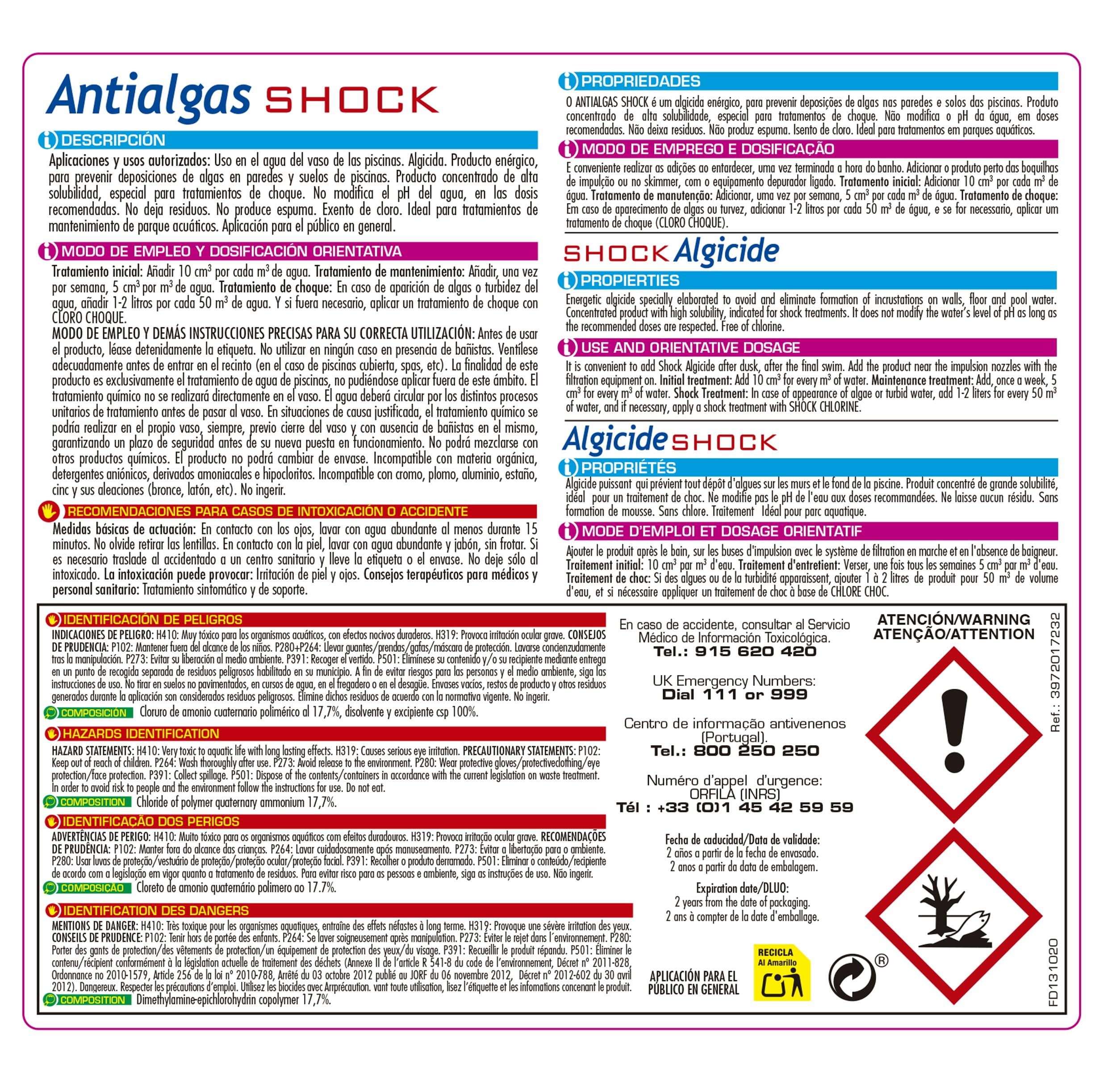 PQS - Antialghe Shock per Piscine - Algicida Liquido ad Alta Solubilità - Trattamento d'Urto Contro Alghe Verdi e Macchie su Pareti - Non Schiumogeno - Non Modifica il pH - Formato 5 L