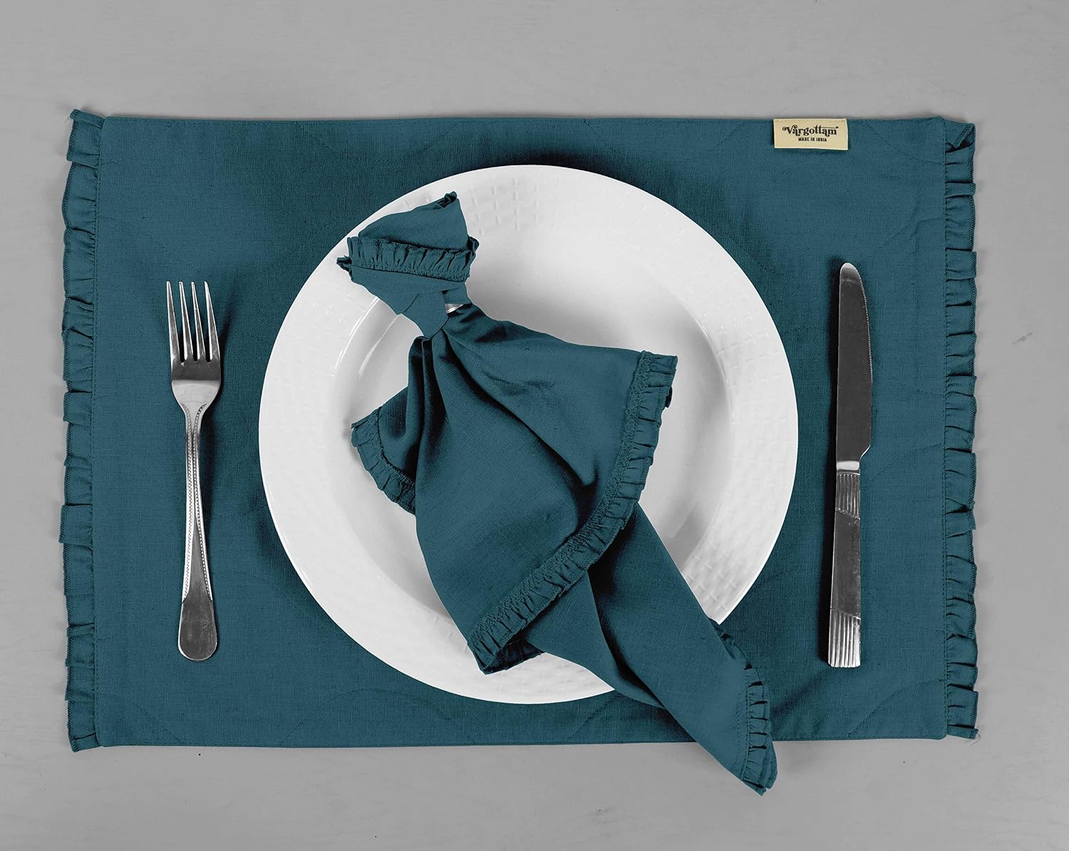 Teal Blue Solid Home Decor Dining Room Reversible Frill Tablemats with Napkins Set-Pack of 6