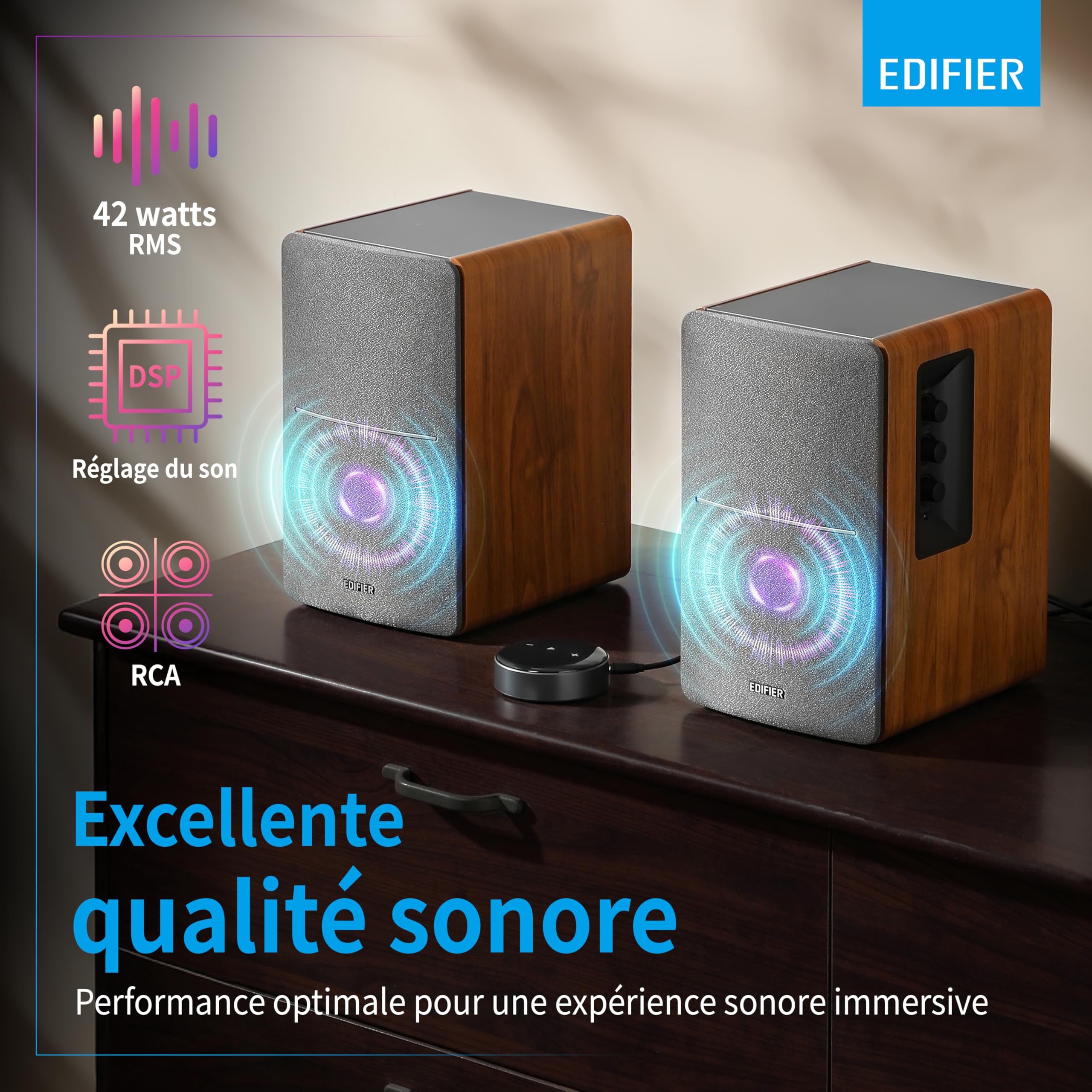 Edifier R1280T WiiM Mini - Enceintes bibliothèque Actives 2.0 avec WiiM Mini Inclus pour Streaming Airplay 2 Fonctionne avec Alexa & Siri - 42 W RMS - Bois