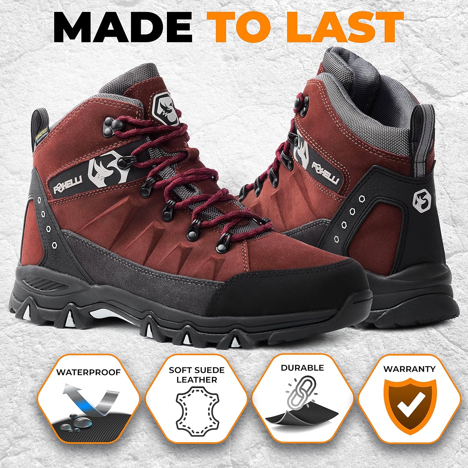 Foxelli Men’s Hiking Boots – Waterproof Breathable & Lightweight Suede Leather Hiking Boots for Men - Image 4