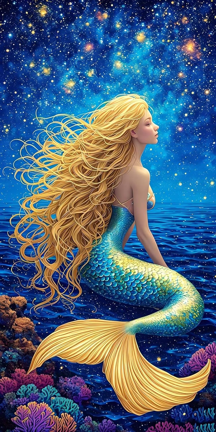Paint by Numbers for Adults Star Mermaid, Acrylic Paint by Numbers for Beginner, Paint by Numbers Kit on Canvas, DIY Adult Paint by Number Kits 6 Paintbrushes and Acrylic Paint 20x40 inch R-4835