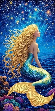 Wenpeef Paint by Numbers for Adults Star Mermaid, Acrylic Paint by Numbers Kit on Canvas, DIY Adult Paint by Number Kits 6 Paintbrushes and Acrylic Paint 8x16 inch