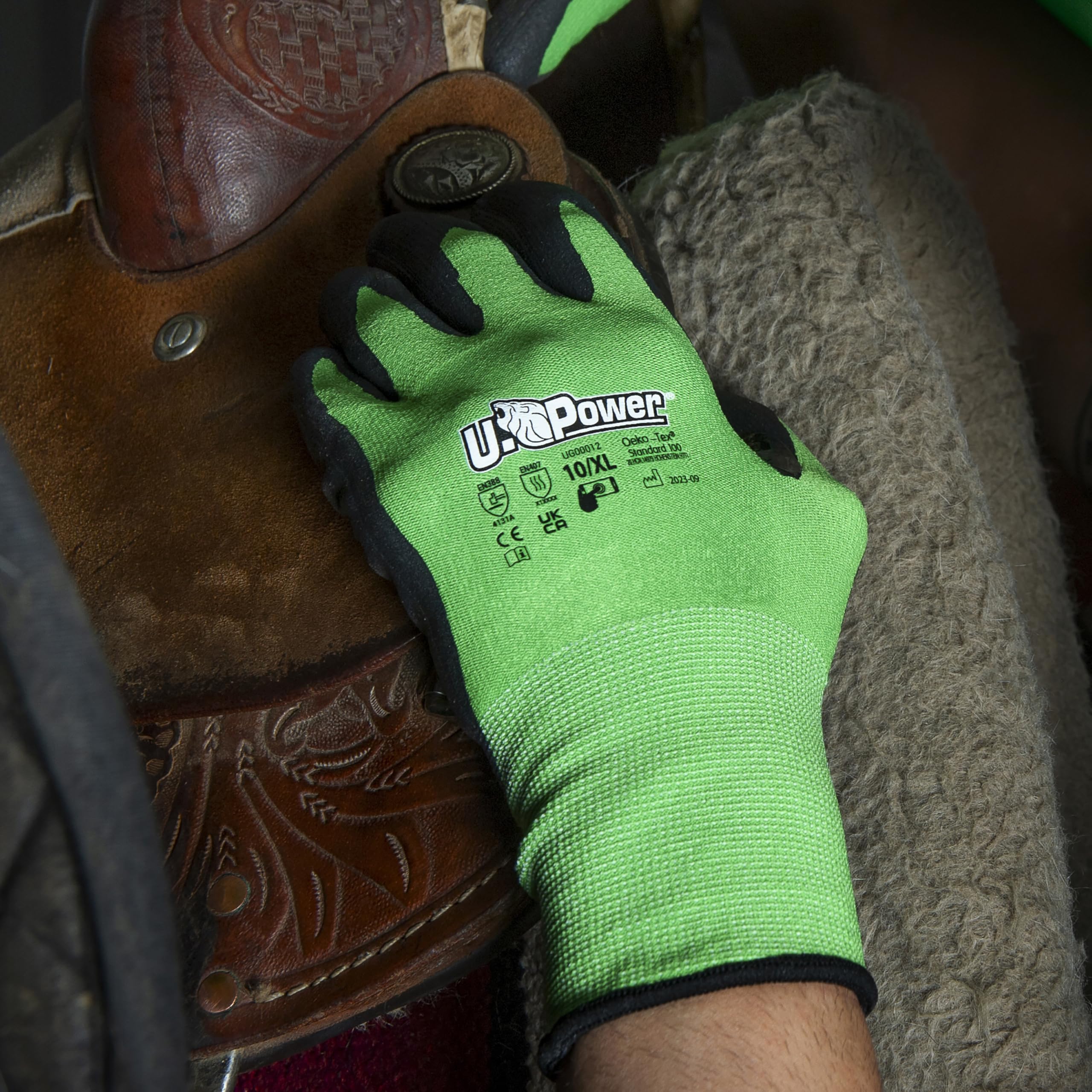 U Power Kalix Guantes de Trabajo de Seguridad Soporte de Poliéster y Spandex Recubrimiento de Nitrilo Reciclado Resistencia a la Abrasión Protección de Riesgos Térmicos Mecánicos Verde 10/XL 12 Pcs