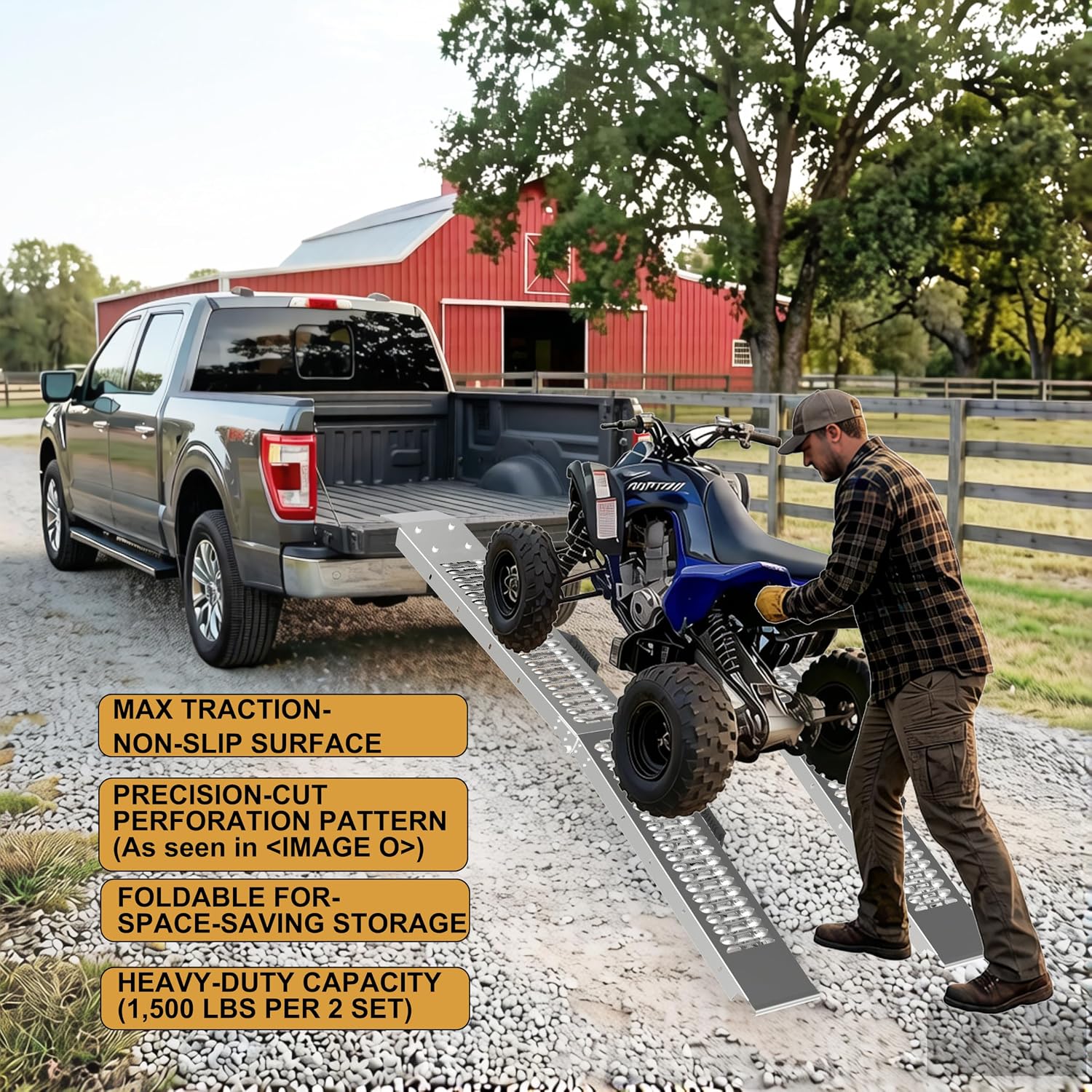 72.5In Alloy Steel Folding Motorcycle Ramp with Ergonomic Rubber Handle & Load Straps, 750 Lbs Capacity Heavy Duty Loading Ramp for Pickup Trucks, Dirt Bikes, ATVs, UTVs, Lawn Mowers (1 PC)