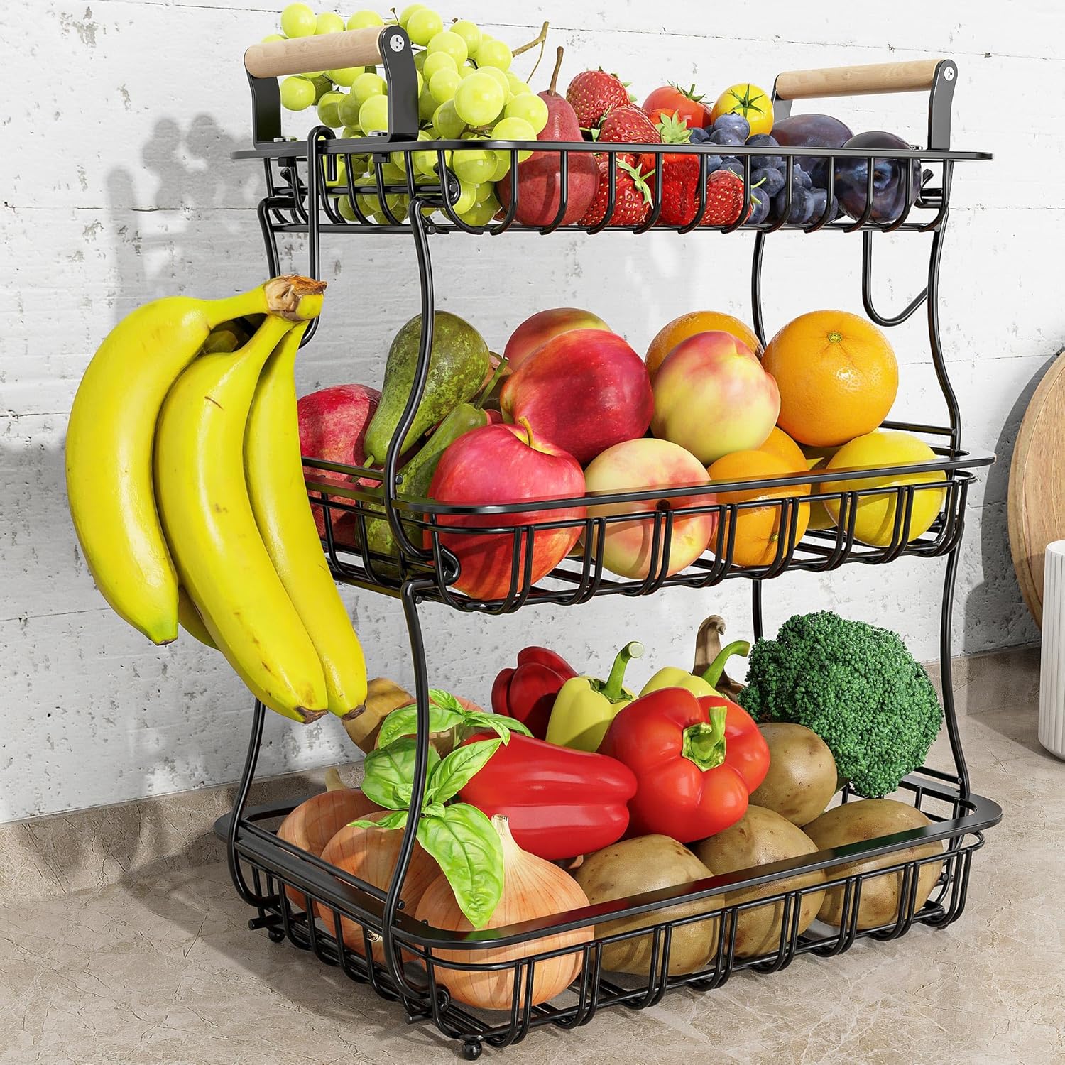 3 Tier Fruit Basket, Mesh Tier & 2 Banana Hanger & Wooden Handle, Fruit Bowl for Kitchen Counter, Stackable & Detachable Rectangular Fruit Storage Rack Stand Organizer for Bread Veggies Produce Black