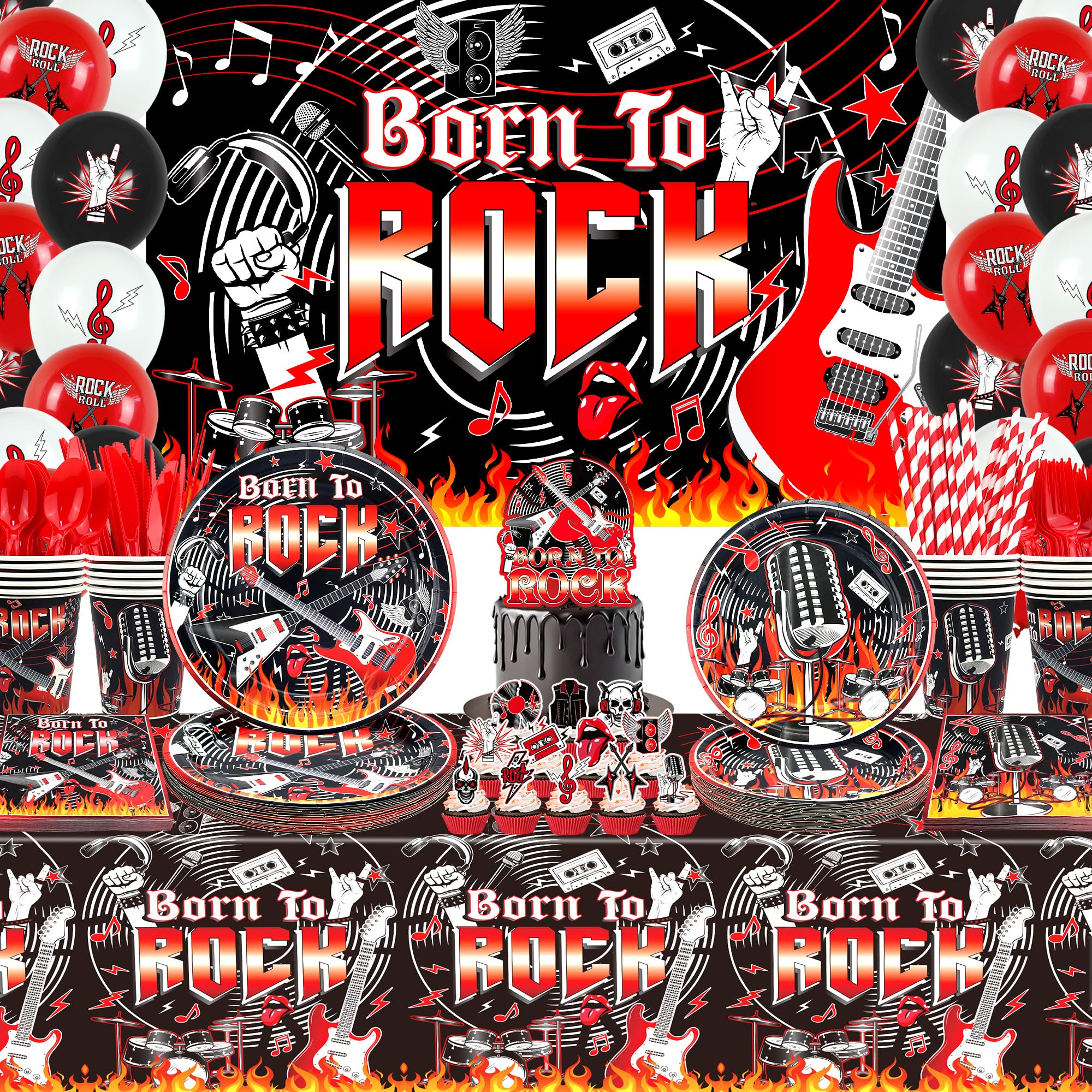 Rock and Roll Party Supplies, Born to Rock Backdrop Banner, Plate , Napkins, Tablecloth, Hanging Swirls, Cake Toppers, Balloons, Tablecloths, for 1950