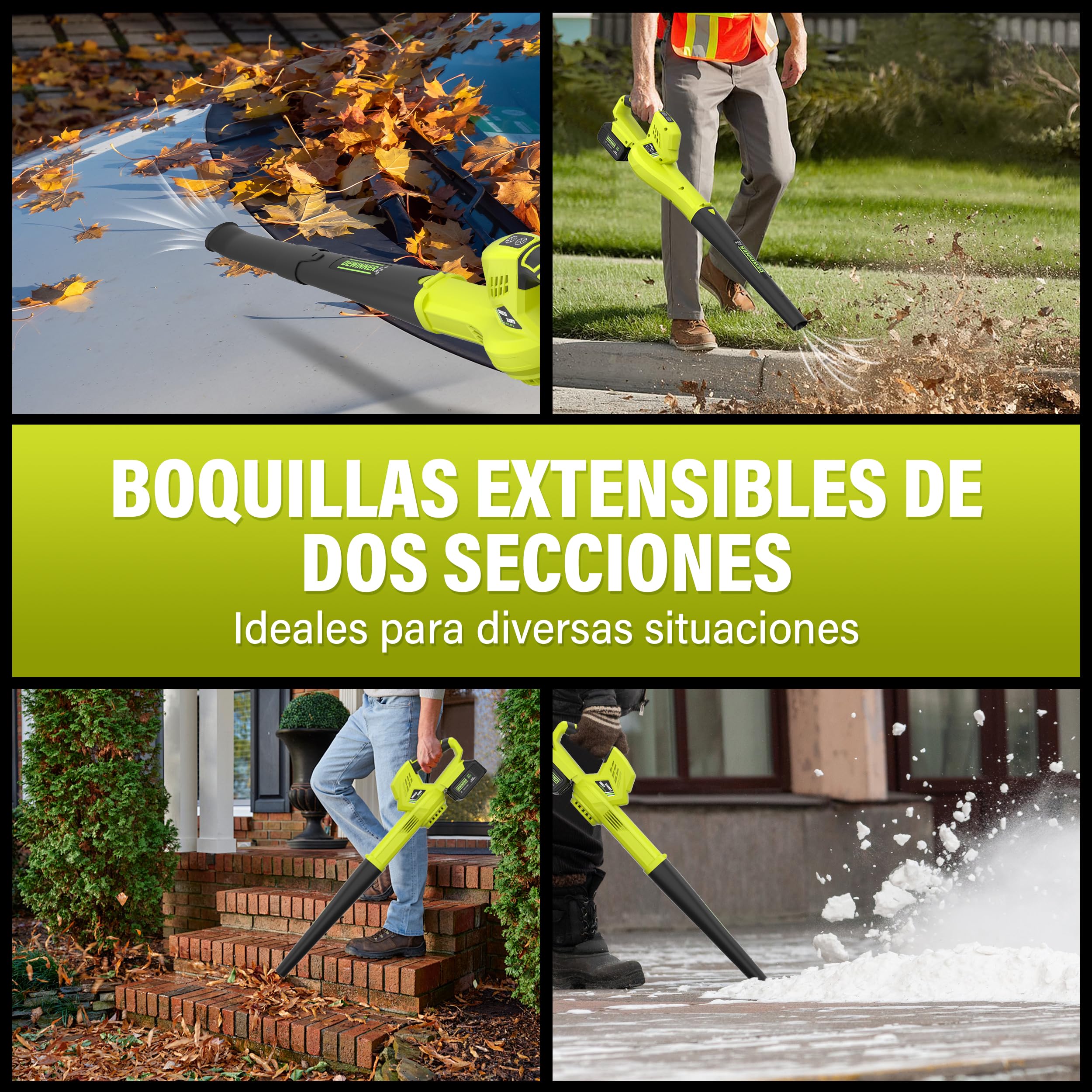 DEWINNER Soplador de Hojas Inalámbrico, 2x4,0Ah Baterías, 210 km/h | 6 Velocidades Ajustables, 2 Tubos Desmontables, Kit Completo, Profesional para Jardín, Compatible con Baterías Makita, Verde