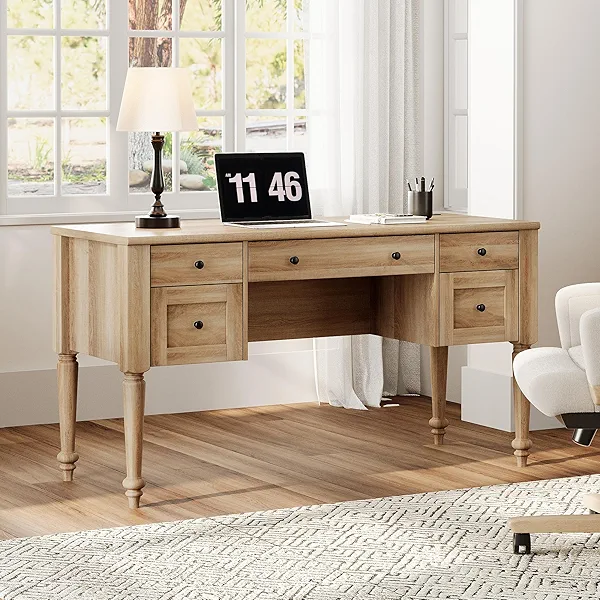 WAMAPT Farmhouse Executive Desk with 5 Drawers, Home Office Desk with Charging Station, Wood Computer Desk with File Cabinet Storage, Door, Open Shelf for Work and Study, Oak, 55 inch