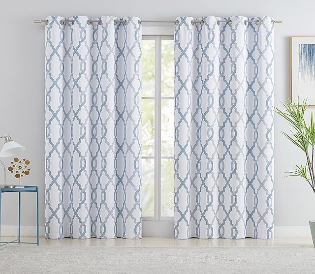 Fmfunctex Blue Blackout Window Curtains for Bedroom Living Room 90 inch Long Modern Moroccan Pattern Print Grey Thermal Insulated Drapes Privacy Protection Window Treatment Sets Grommet Top, 2 Panels