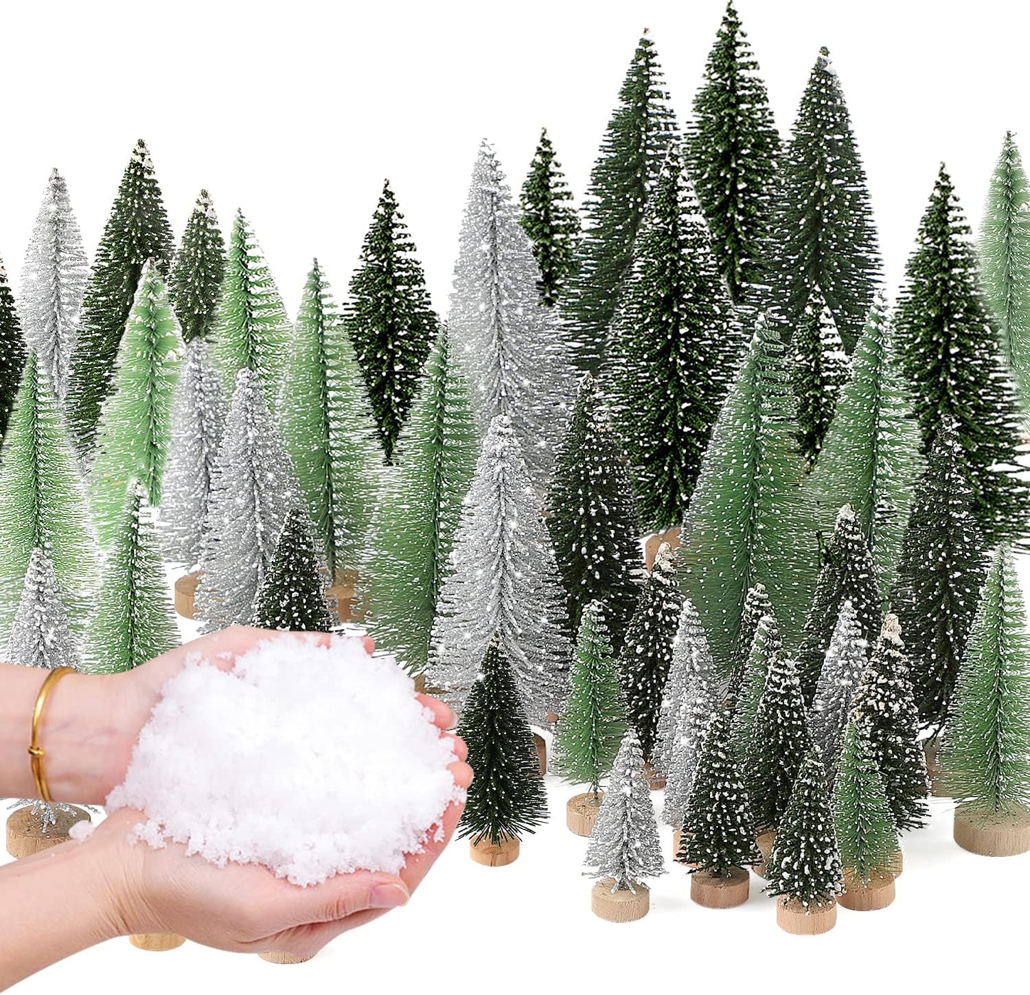 30Pcs Mini Christmas Trees with 10.6 Ounces Fake Snow Decoration, 5 Sizes Artificial