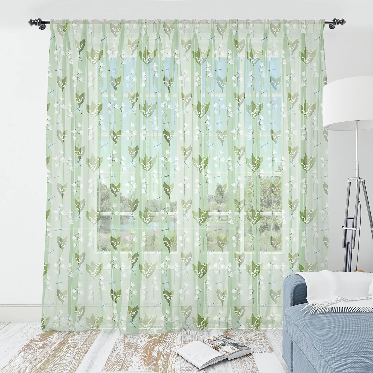 ABAKUHAUS Flower Tulle Curtains with Rod Pocket, Dragonflies and