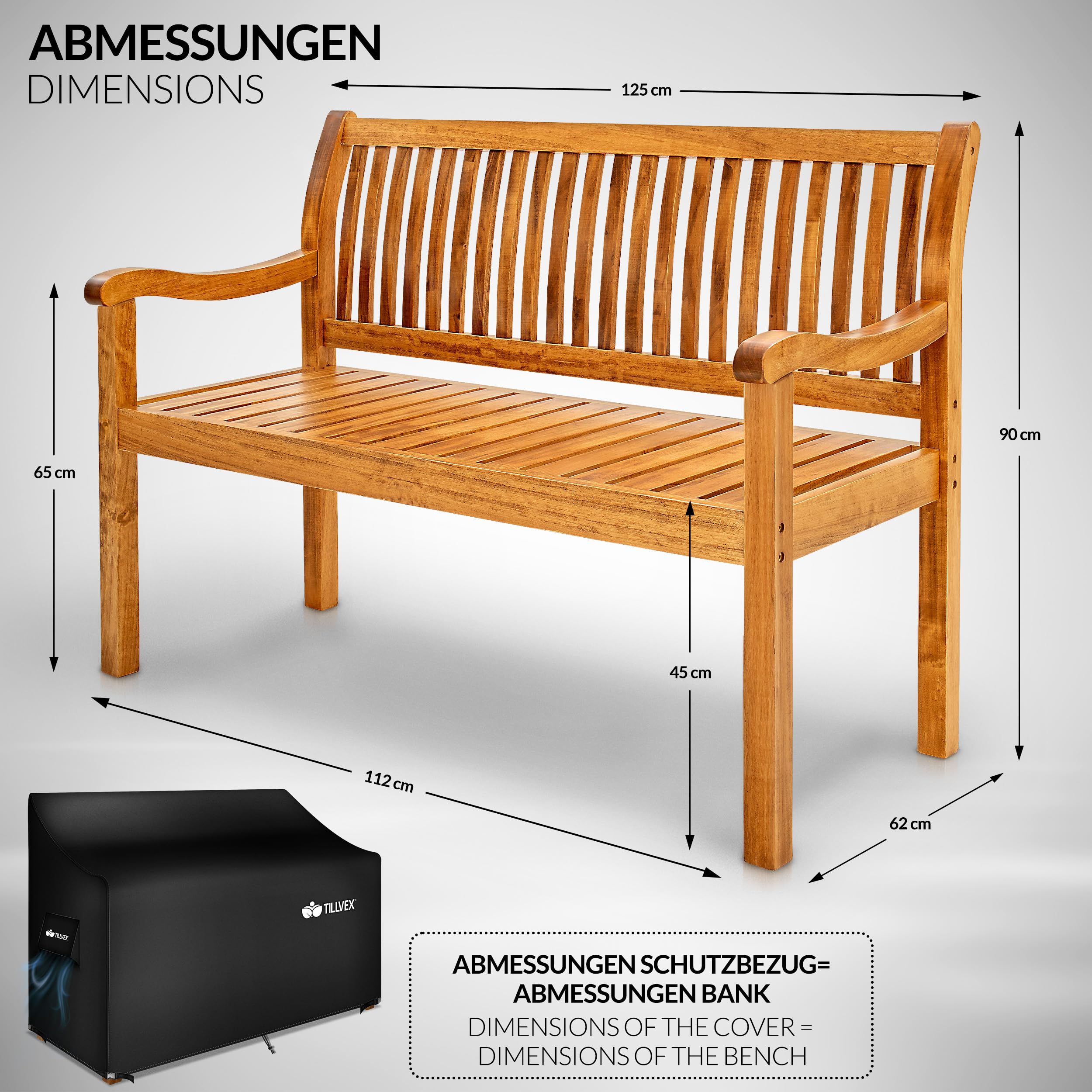 tillvex Gartenbank Holz 2-3 Sitzer inkl. Abdeckung wetterfest 125 cm | Parkbank Massivholz | Balkonbank Sitzbank 320 kg belastbar | Holzbank Gartenmöbel für Balkon, Terrasse & Garten