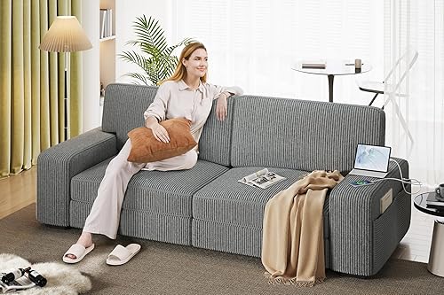 Miniatura 2 de Yaheetech Sofá moderno de 2 plazas de tela de pana con funda extraíble, puertos de carga USB y bolsillos laterales de almacenamiento para sala de