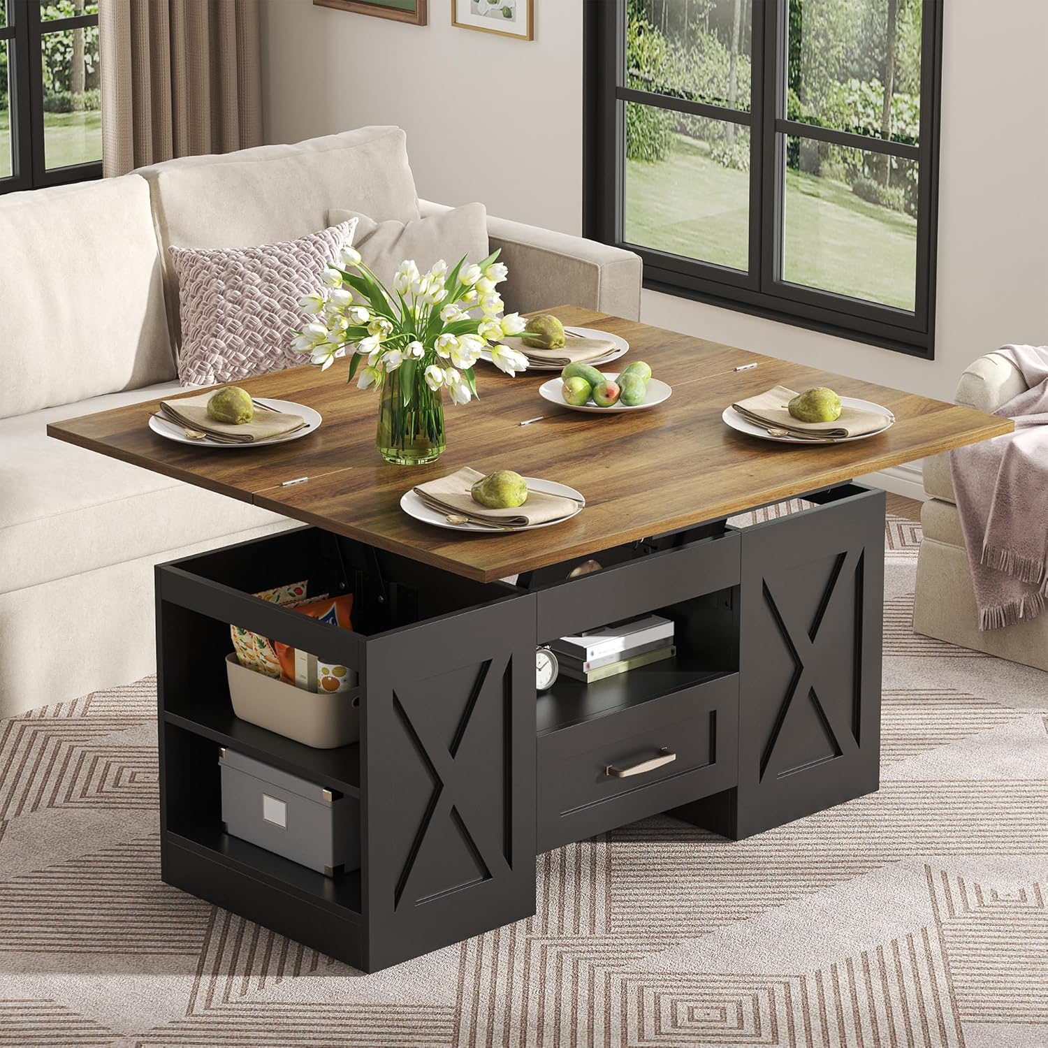 40" Lift Top Coffee Table, 4 in 1 Multi-Function Lift Coffee Tables with Storage Drawers and Hidden Compartmen, Farmhouse Coffee Table Converts to Dining Table (Retro Brown+Black)
