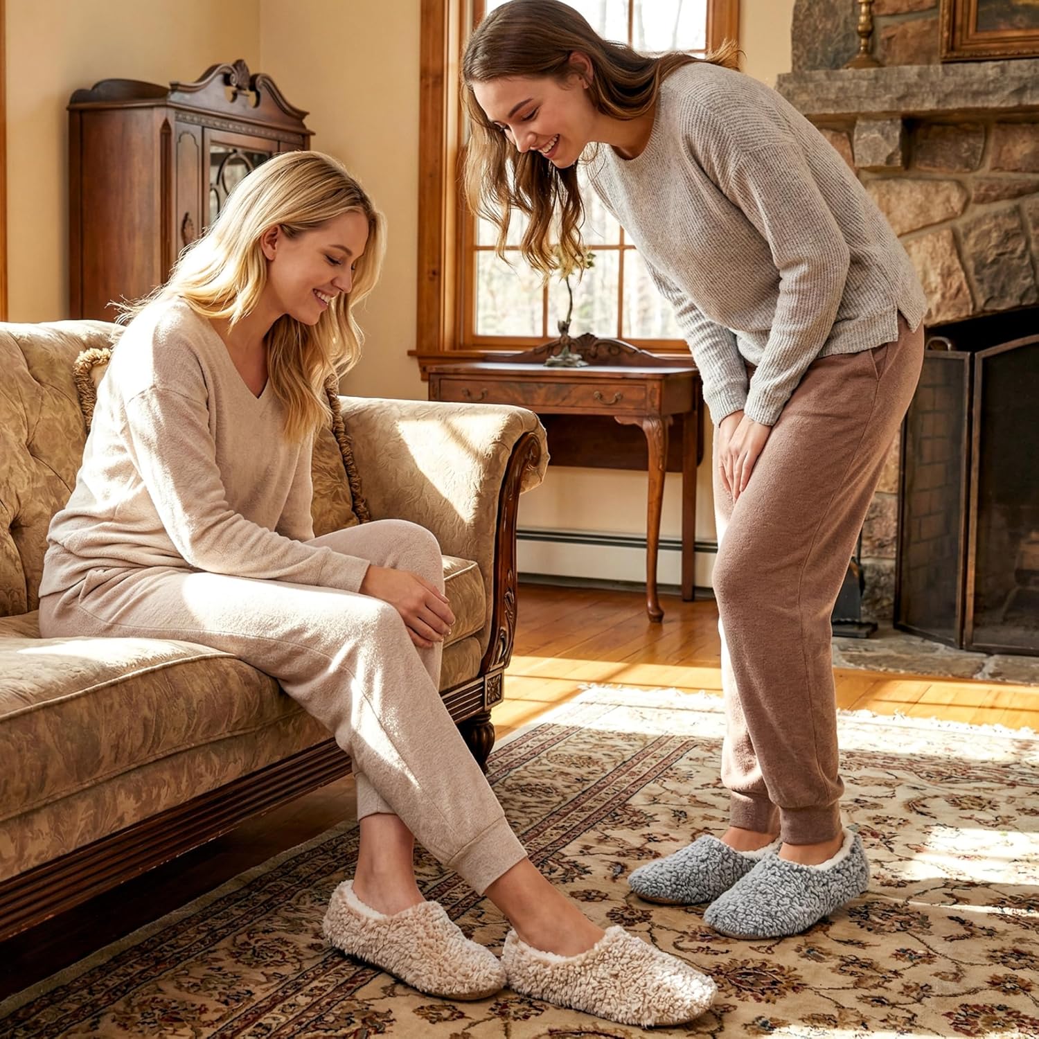 cosyone1997 2-Pair Fuzzy Slippers for Women Indoor Soft Sole with Warm Plush Lining and Non-Slip Grips, House Slipper Socks - Image 2