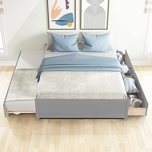 Miniatura 9 de Merax Cama de plataforma de madera maciza de tamaño matrimonial con nido de tamaño individual y dos cajones de almacenamiento, cama de plataforma de