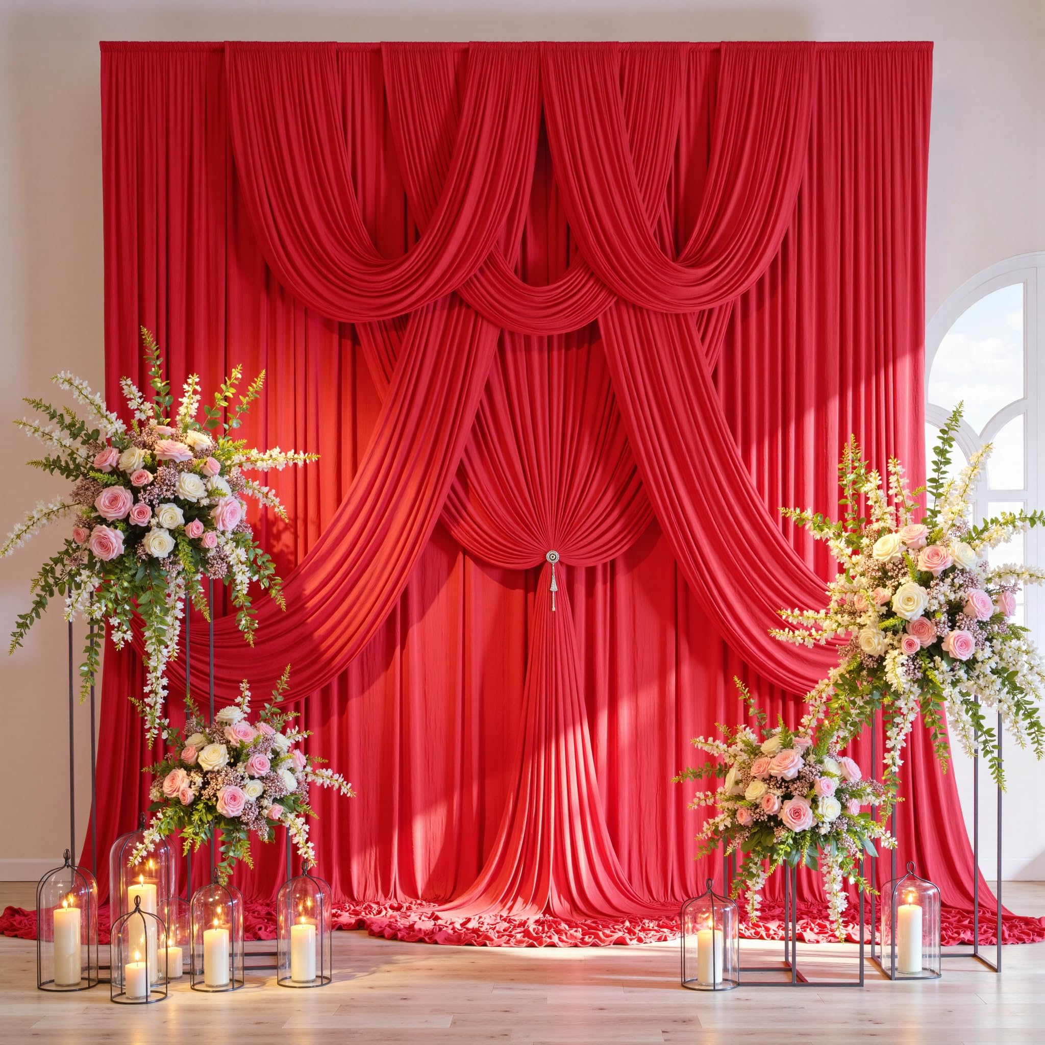 Faltenfreier Hintergrund für Partys, 9 x 3 m, 6 Paneele, 15,2 x 3 m, seidiges Polyester, Rot, Foto-Hintergrund, für Geburtstag, Mottoparty, Hochzeit, Fotografie-Hintergrund