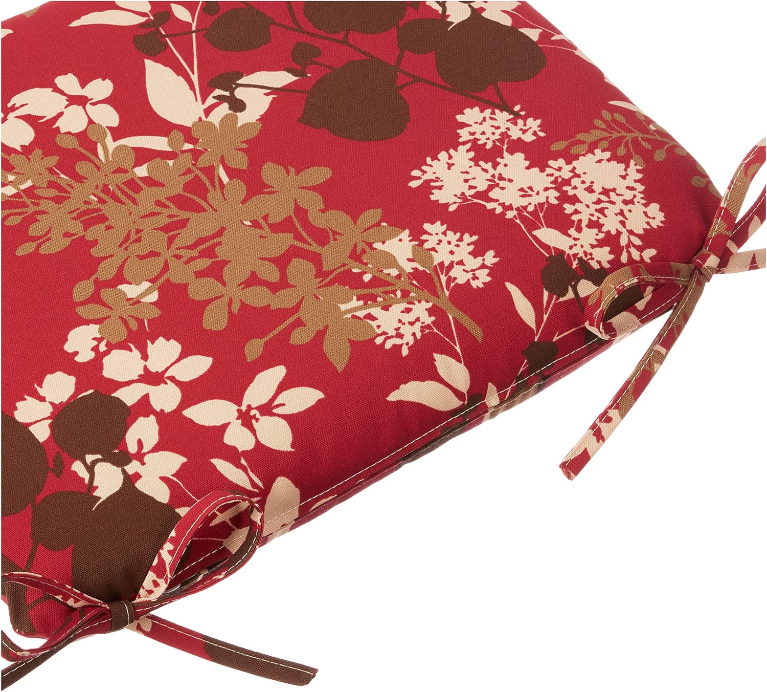 Pillow Perfect Reversible Floral Stripe Indoor/Outdoor Round Corner Chair Seat Cushion with Ties, Plush Fiber Fill, Weather, and Fade Resistant, 15.5" x 18.5", Brown/Red Monserrat, 2 Count