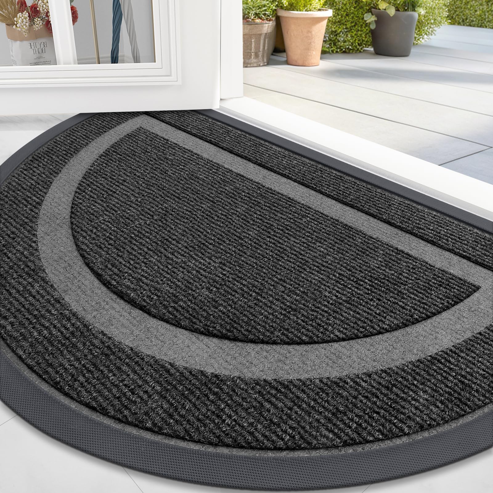 OLANLY Half Circle Front Door Mat Outside 59x34 All-Season Rubber Doormat | Black, Absorbent, Heavy-Duty, Stain and Fade Resistant, Waterproof Non-Slip Backing, Low-Profile Indoor Outdoor Entryway Mat