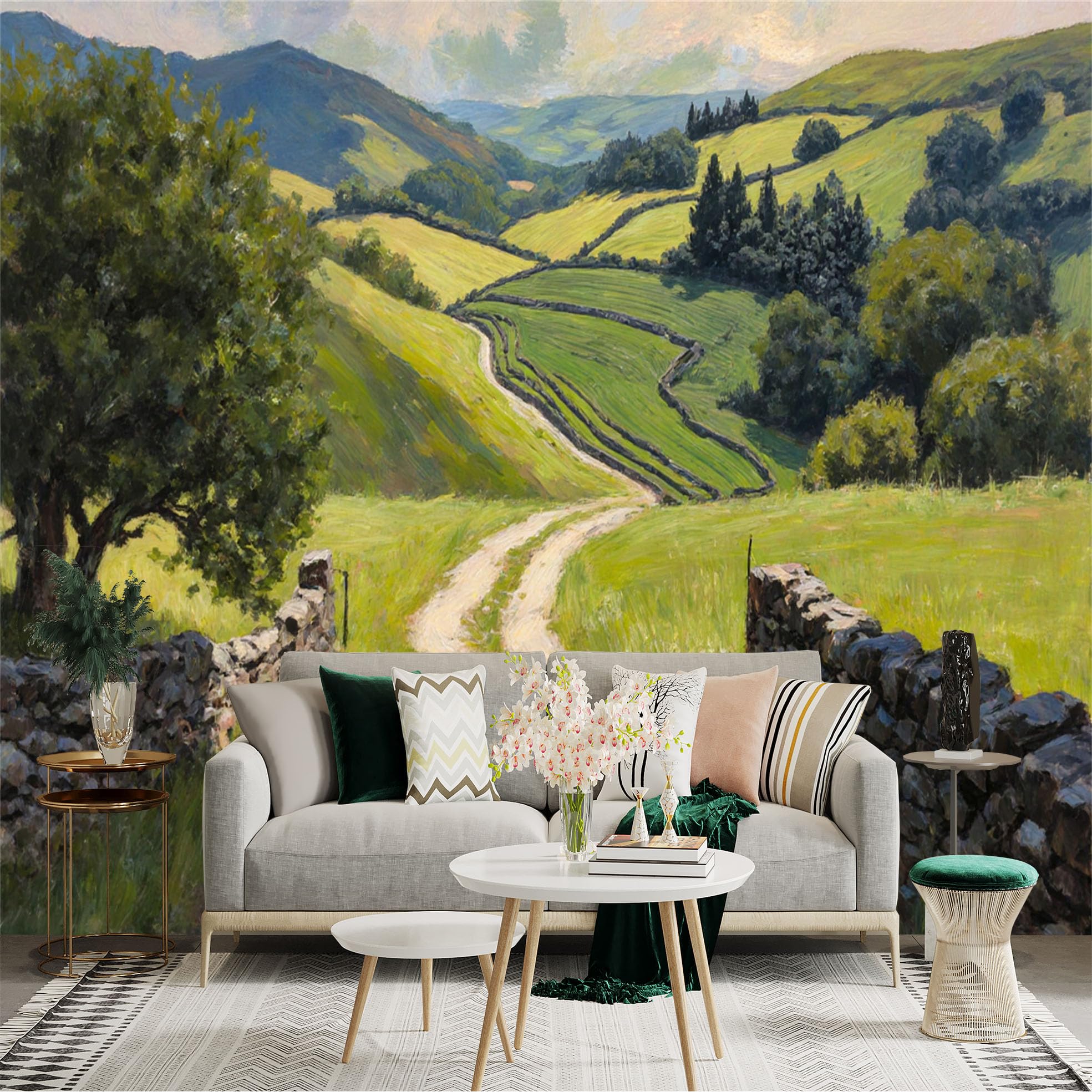 Custom Size Wall Sticker Mural， Rolling Green Hills with Winding Dirt Path， Pastoral Countryside Landscape， for wall Decoration， peelandstick wall Decals.