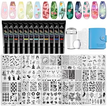 Biutee 15pcs Nail Stamping Plates 12pcs Nail Stamping Gel Nail Stamper Scraper & Storage Bag Lace Flower Butterfly Star Holiday Sports Design Nail Stamping Kit