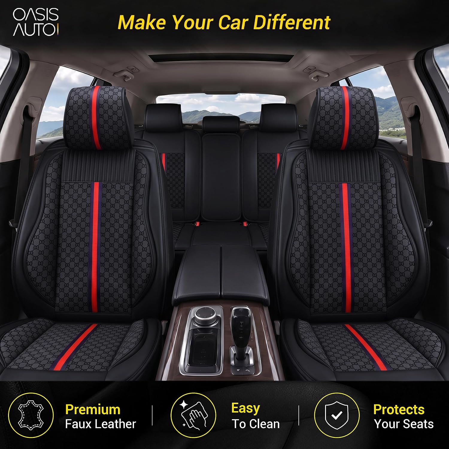 OASIS AUTO Car Seat Covers Full Set, Luxury Waterproof Leather Seat Covers, Universal Fit for SUV, Sedan, Pick-up Truck, Automotive Interior Protectors Fit Most Cars (OS-007 Black) image 2