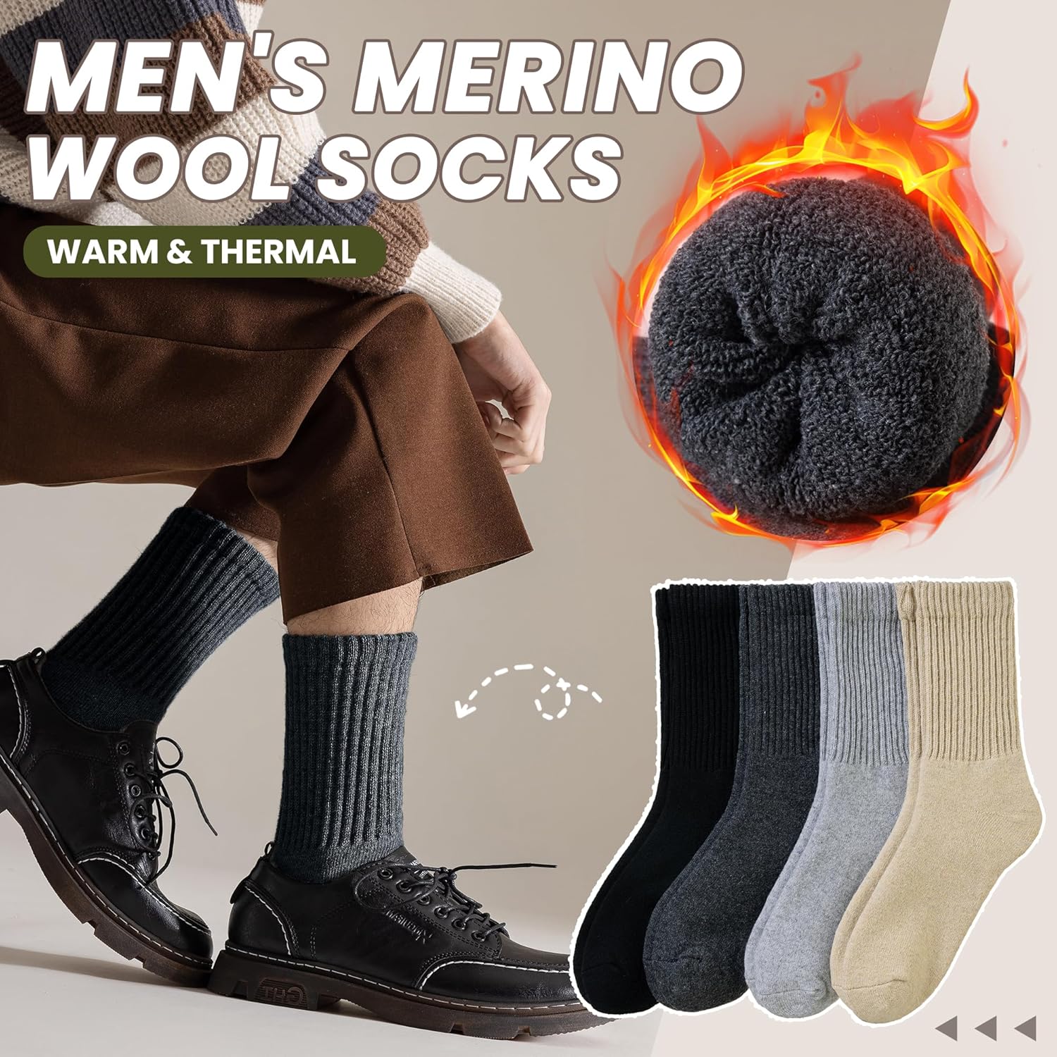 Eyean Men Merino Wool Socks Thermal Hiking Winter Ski Warm Thick Cozy Boot Socks 4 Pairs - Image 4