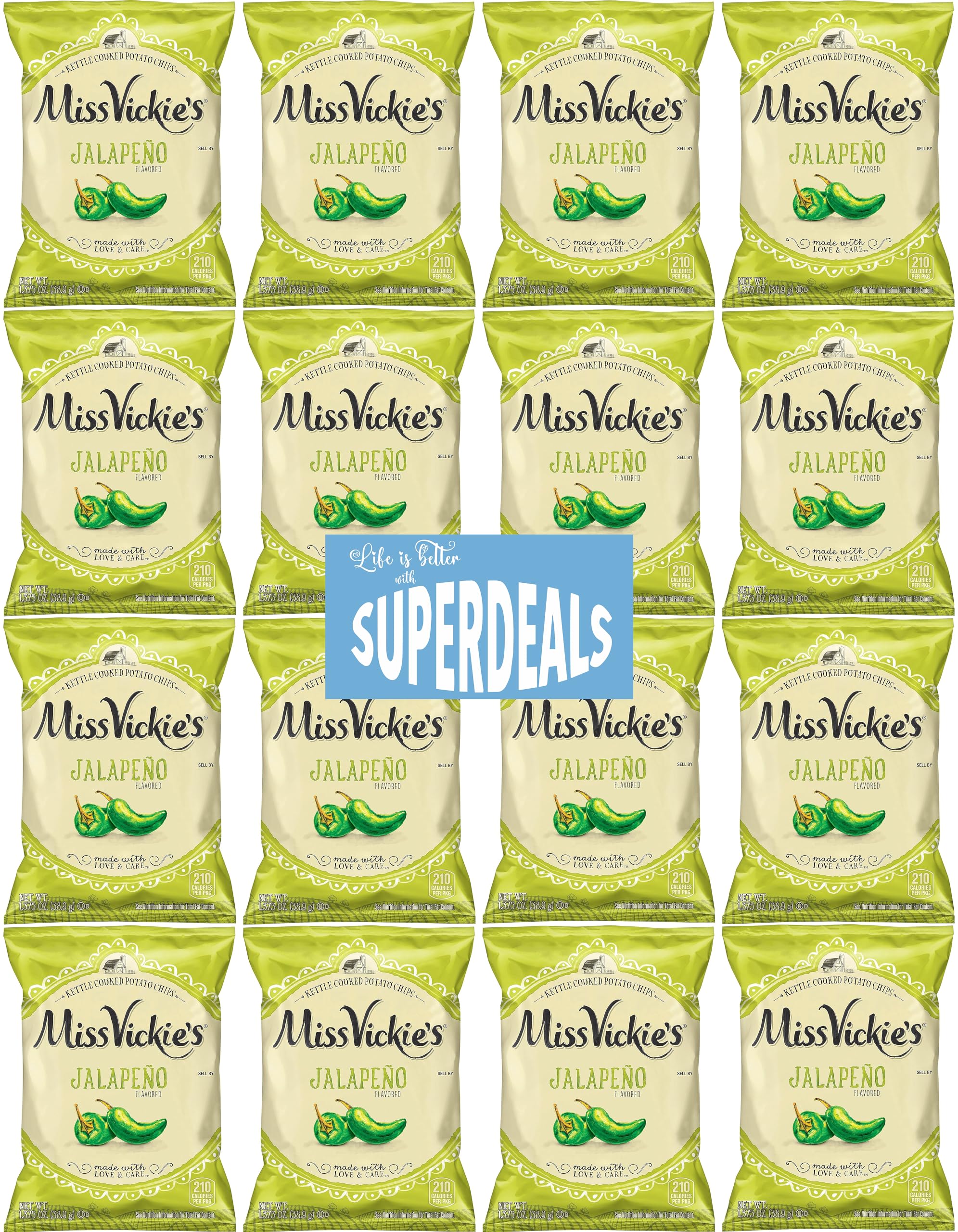 Kettle Cooked Potato Chips by Miss Vickie's Value Pack Bundled by SUPERDEALS | 1.375 Oz Bag | Jalapeno | Pack of 16 with mystery bonus gift