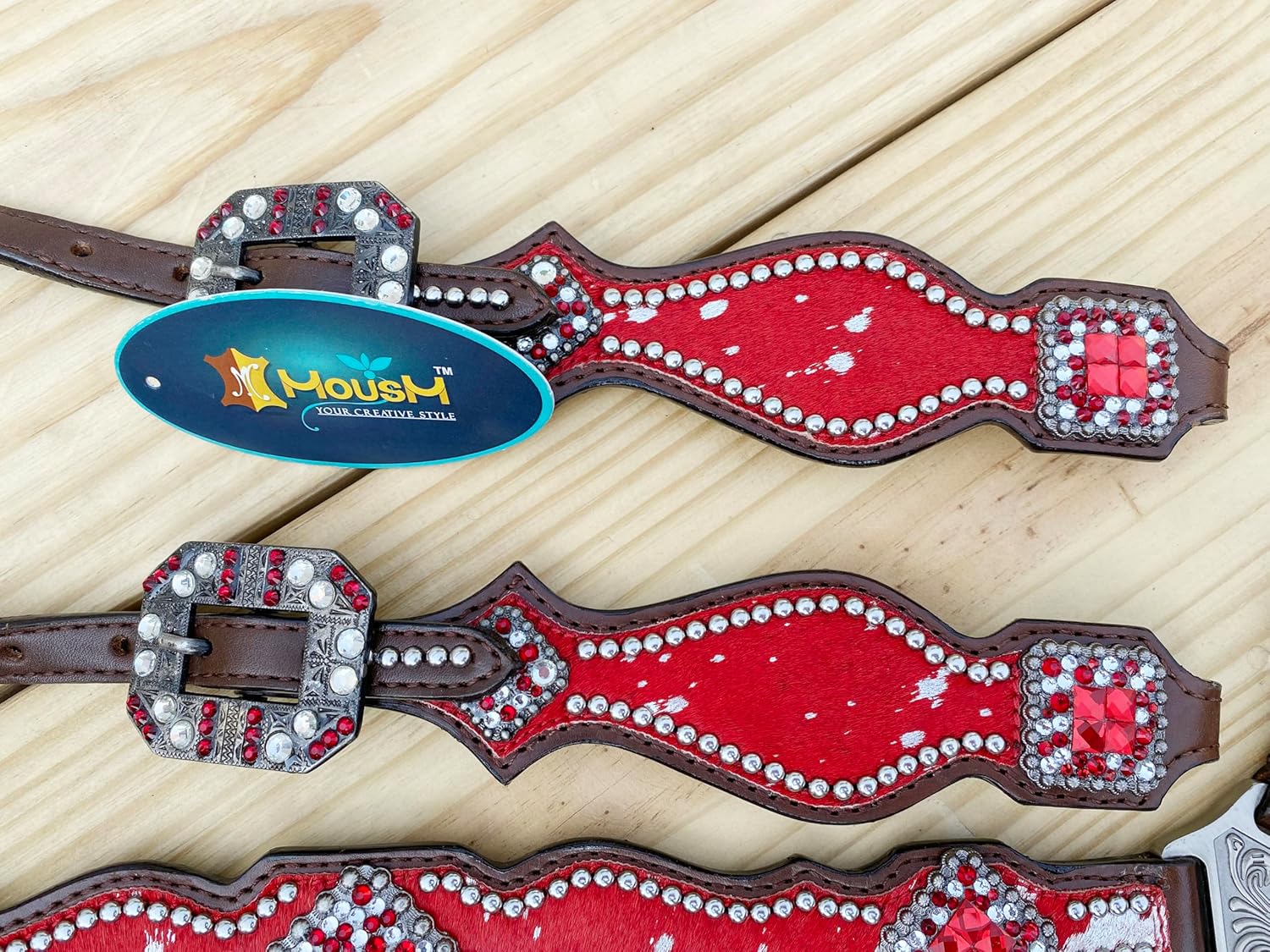 Western Leather Headstall & Breast Collar Set for Horses - Valentine’s Day Silver Metallic Cowhide with Rhinestones