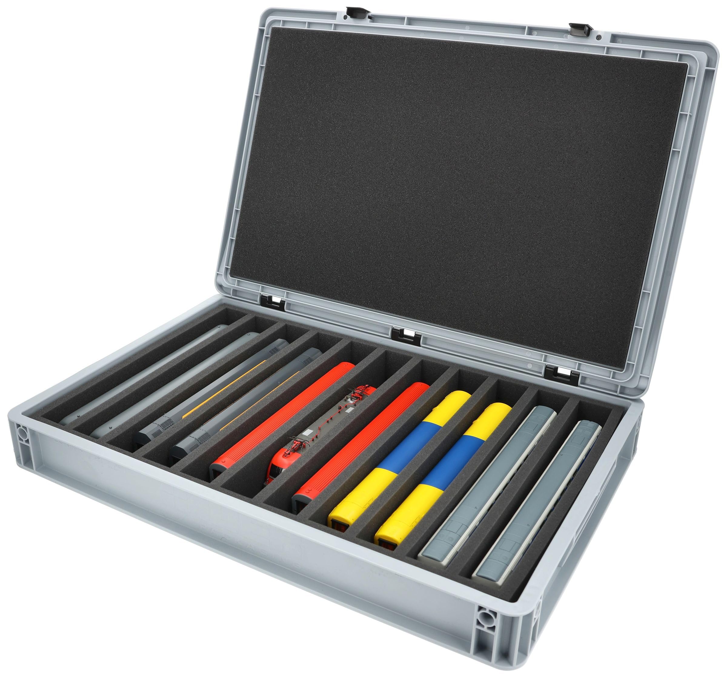 Feldherr Eurobox 60 x 40 cm Set für Modelleisenbahnen - Spur H0-11 Fächer - Schaumstoffeinlage für stehende Aufbewahrung - kompakte Transportlösung für Loks und Waggons