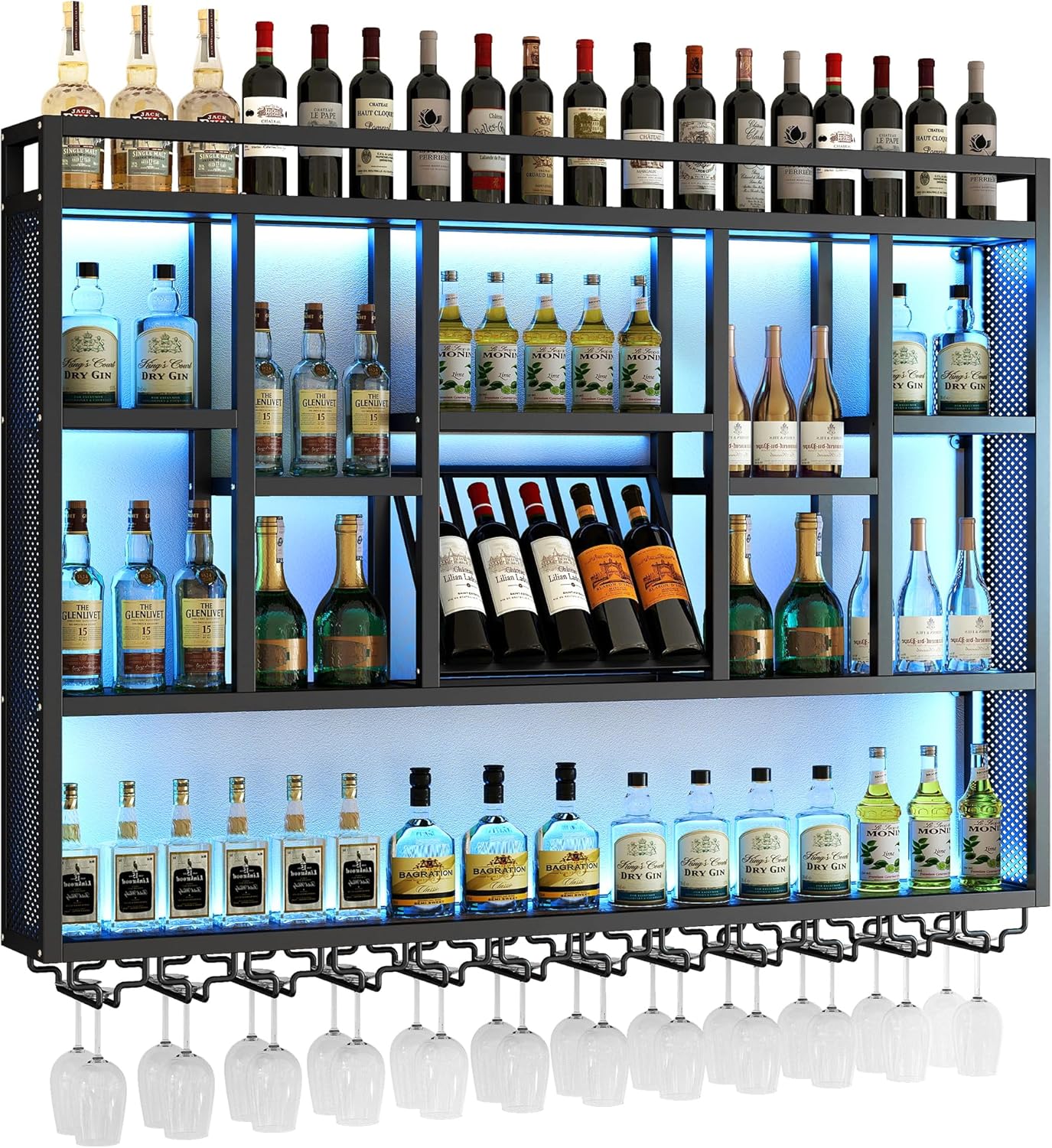 4-Tiers 59in Wine Rack Wall Mounted with LED Light, Floating Bar Shelves for Liquor Bottles, Metal Industrial Hanging Display Shelf for Home Kitchen Bar Cafe Wine Cellar Decoration