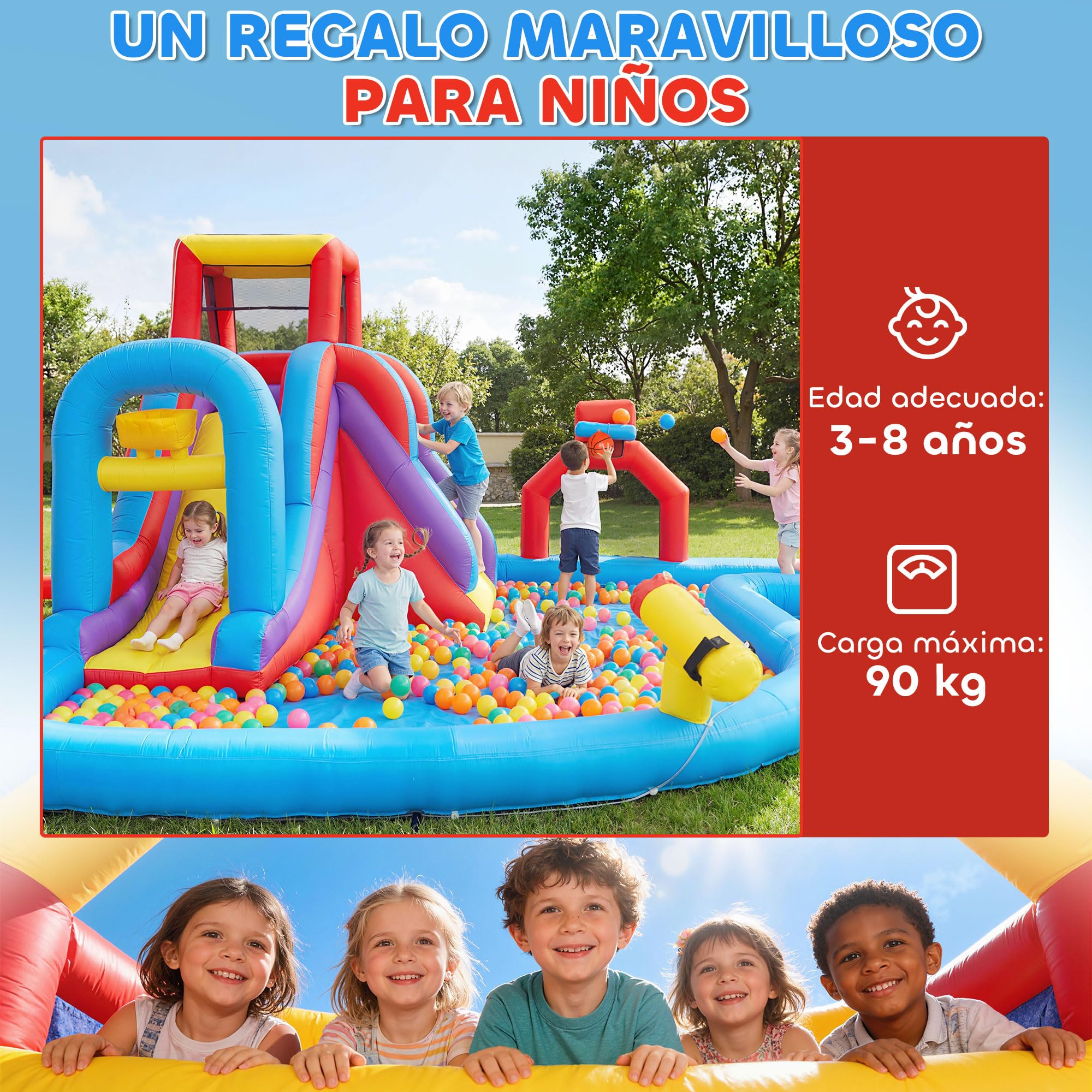 AIYAPLAY Castillo Hinchable Acuático con Soplador 550W 6 en 1 Castillo Hinchable para Niños con Tobogán Pared de Escalada Piscina Aro de Baloncesto Portería de Fútbol Exterior Interior 470x445x205 cm