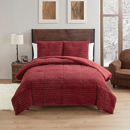 Miniatura 2 de Juego de edredón Queen de 3 piezas de piel sintética de animales, colección de ropa de cama ultra suave con fundas, tamaño King, color borgoña