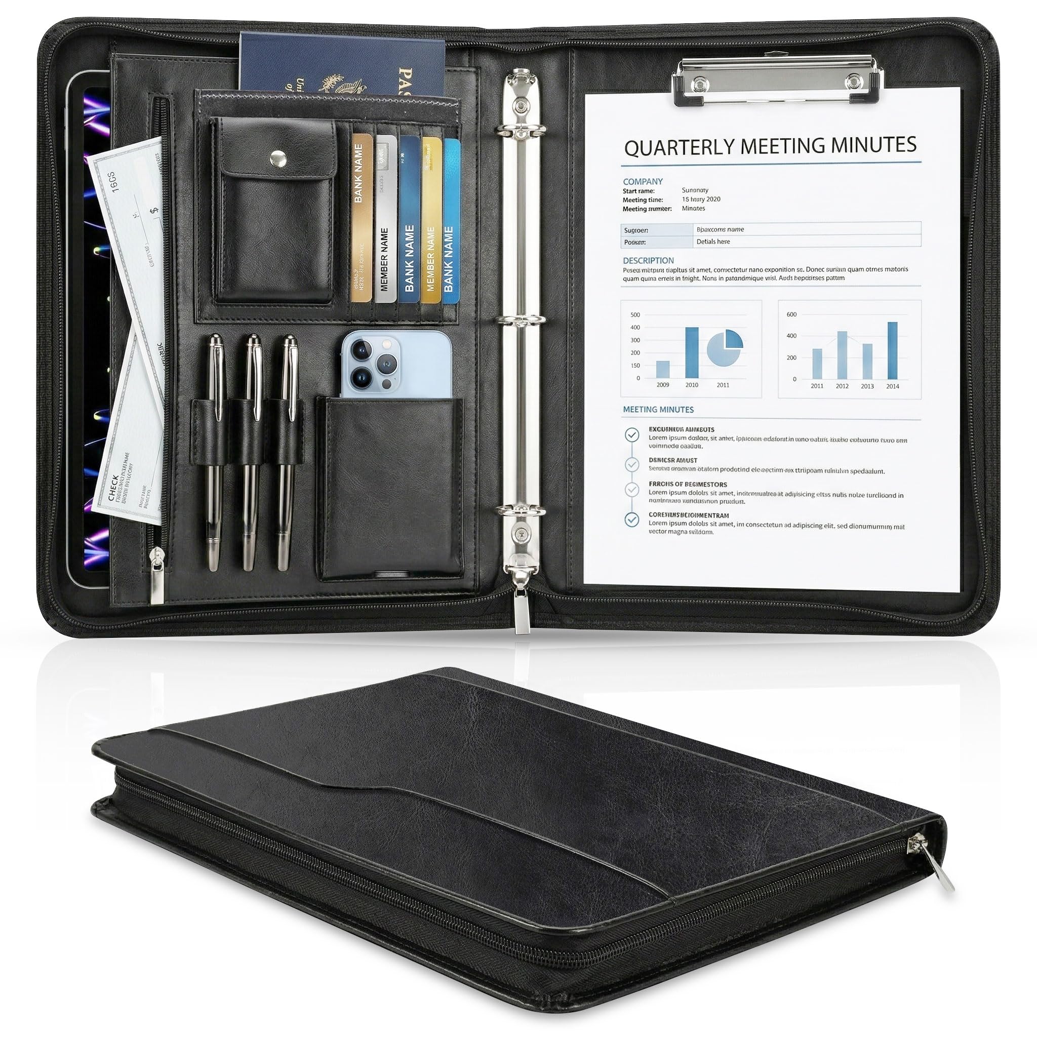 Zippered Padfolio with 3-Ring Binder &amp; Clipboard, PU Leather Portfolio Organizer for Men Women, A4 Document Holder with Phone Pocket Pen Loops Card Slots, Professional Business Interview Folder Black