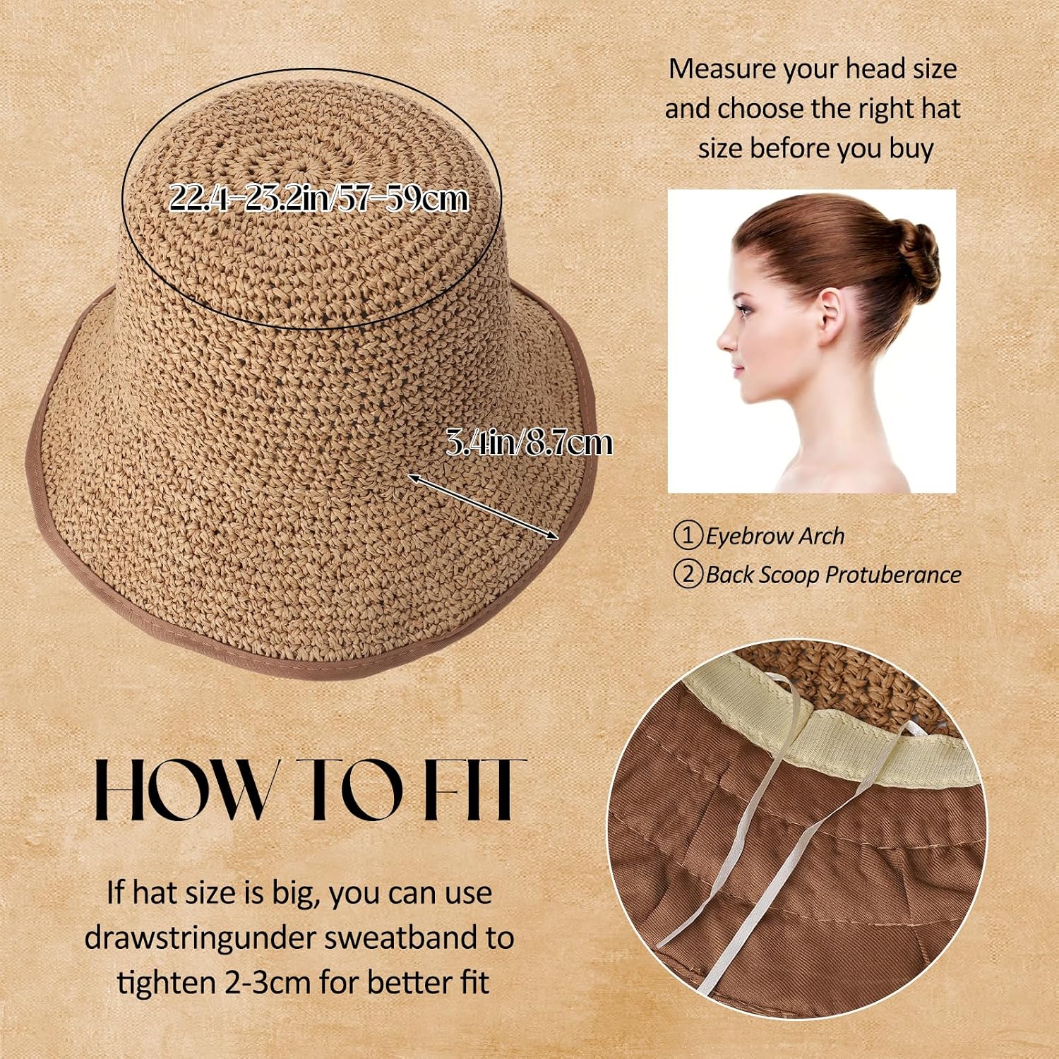 Summer Large Straw Bucket Hat for Women, Wide Brim Sun Hat with Fabric Lined Brim, Lightweight Foldable Packable Beach Travel Hat