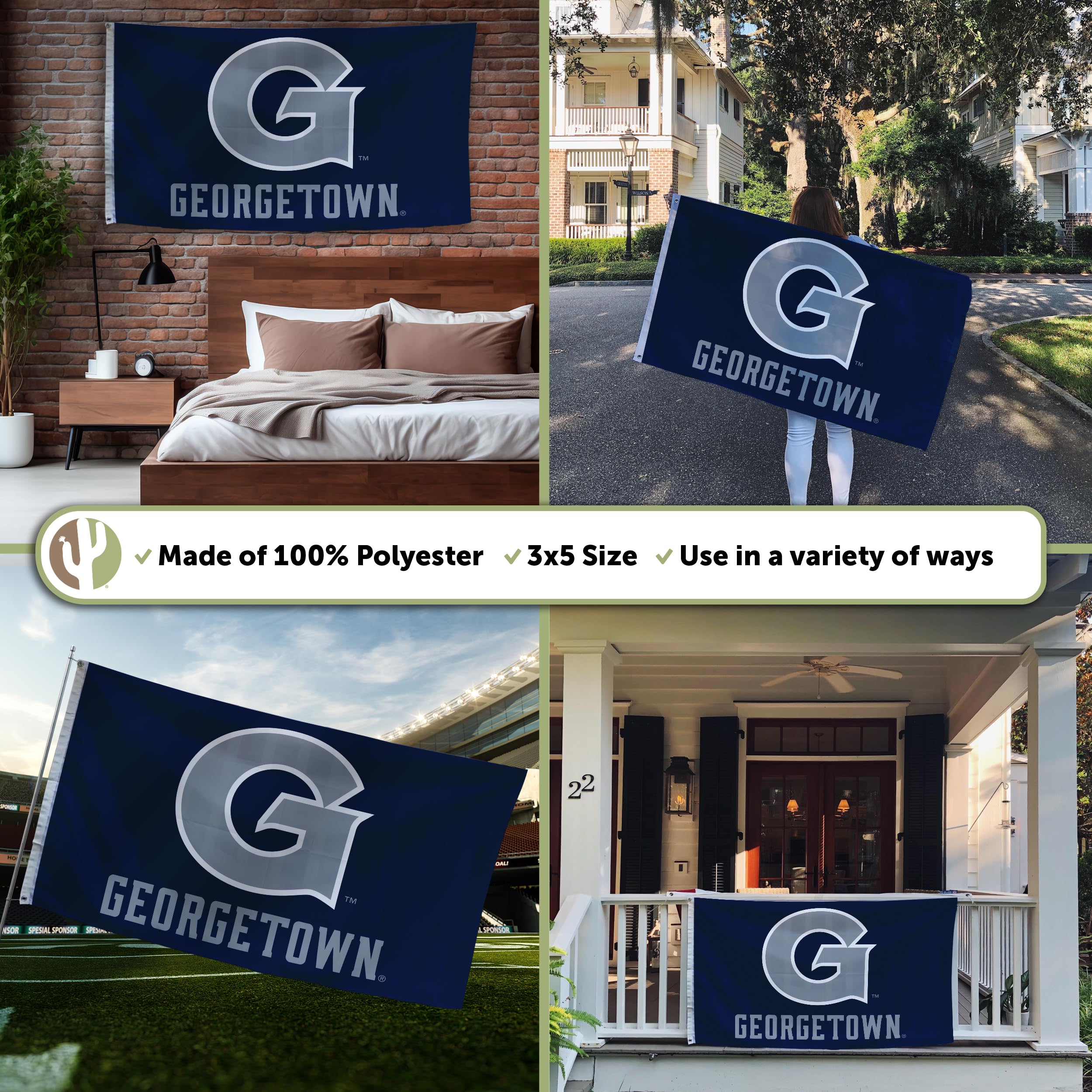 Desert Cactus Georgetown University 100% poliéster para interiores y exteriores, 3 x 5 pies, pancarta Hoyas GU (bandera B)