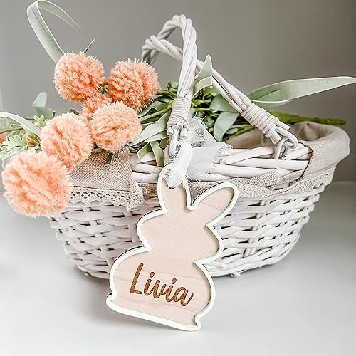 Miniatura 2 de Etiqueta de cesta de conejo de Pascua personalizada hecha a mano en 3D – Etiqueta de nombre grabada en madera y acrílico personalizada con cinta de