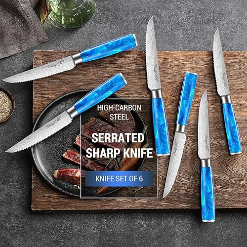 Miniatura 3 de Dingerkit Juego de 4 cuchillos para carne, cuchillos dentados hechos de acero de alto carbono, juego de cuchillos negros para carne, juego de