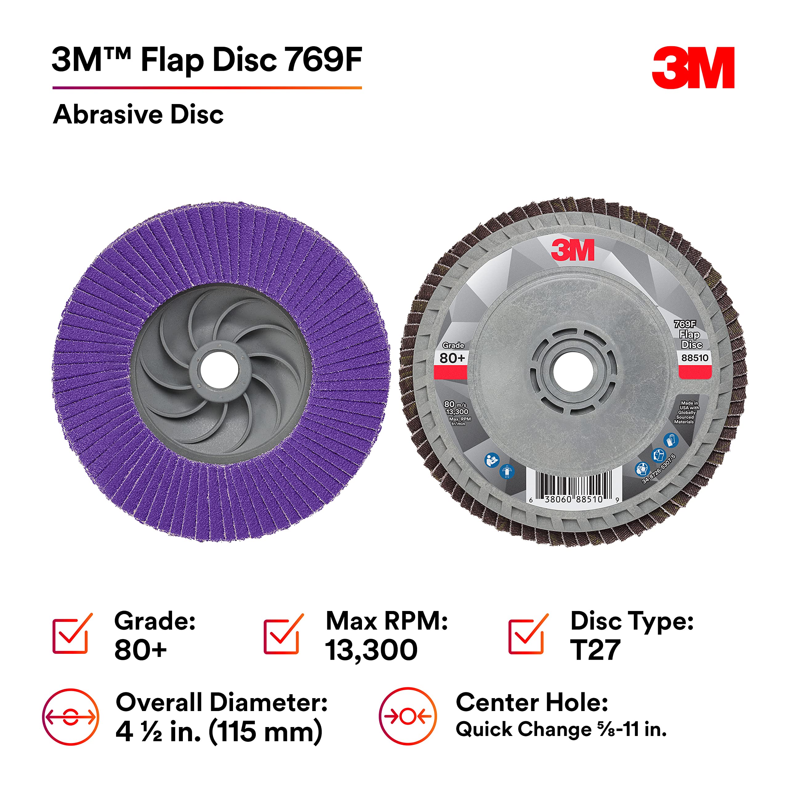 3M Fächerschleifscheibe 769F Typ 27 Schnellwechsel, 80+, 4-1/2" x 5/8-11, Hochleistungs-Schleifmittel, Keramik-Präzisions-geformte Kornschleif- und Finishingscheibe, Kohlenstoffstahl, Edelstahl