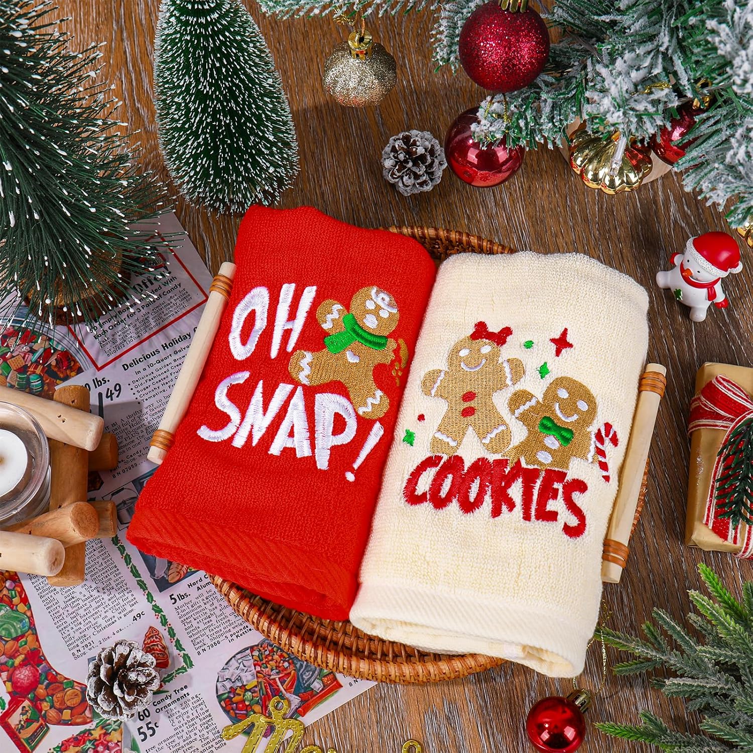 JarThenaAMCS 2Pcs Christmas Hand Towel Gingerbread Man Word Embroidered Bathroom Towels Absorbent Cotton Dish Towels for Winter Xmas Drying Cleaning Cooking, 29.5 x 13.7 Inch - Image 4