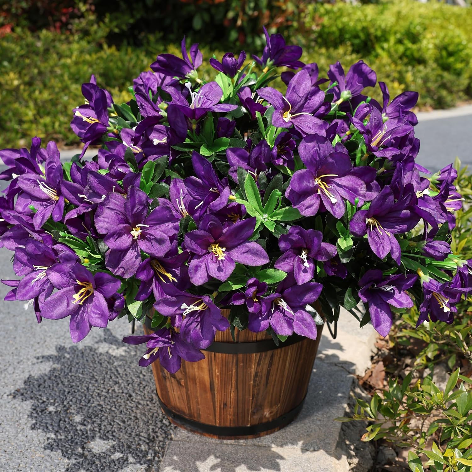 INSPRING Artificial Faux Plants Flowers for Outdoors Spring Decor,3 Bundles Realistic Outside Fake Silk Azalea UV Resistant Outdoor Artificial Flowers for Planter Porch Patio Garden Home, Dark Purple