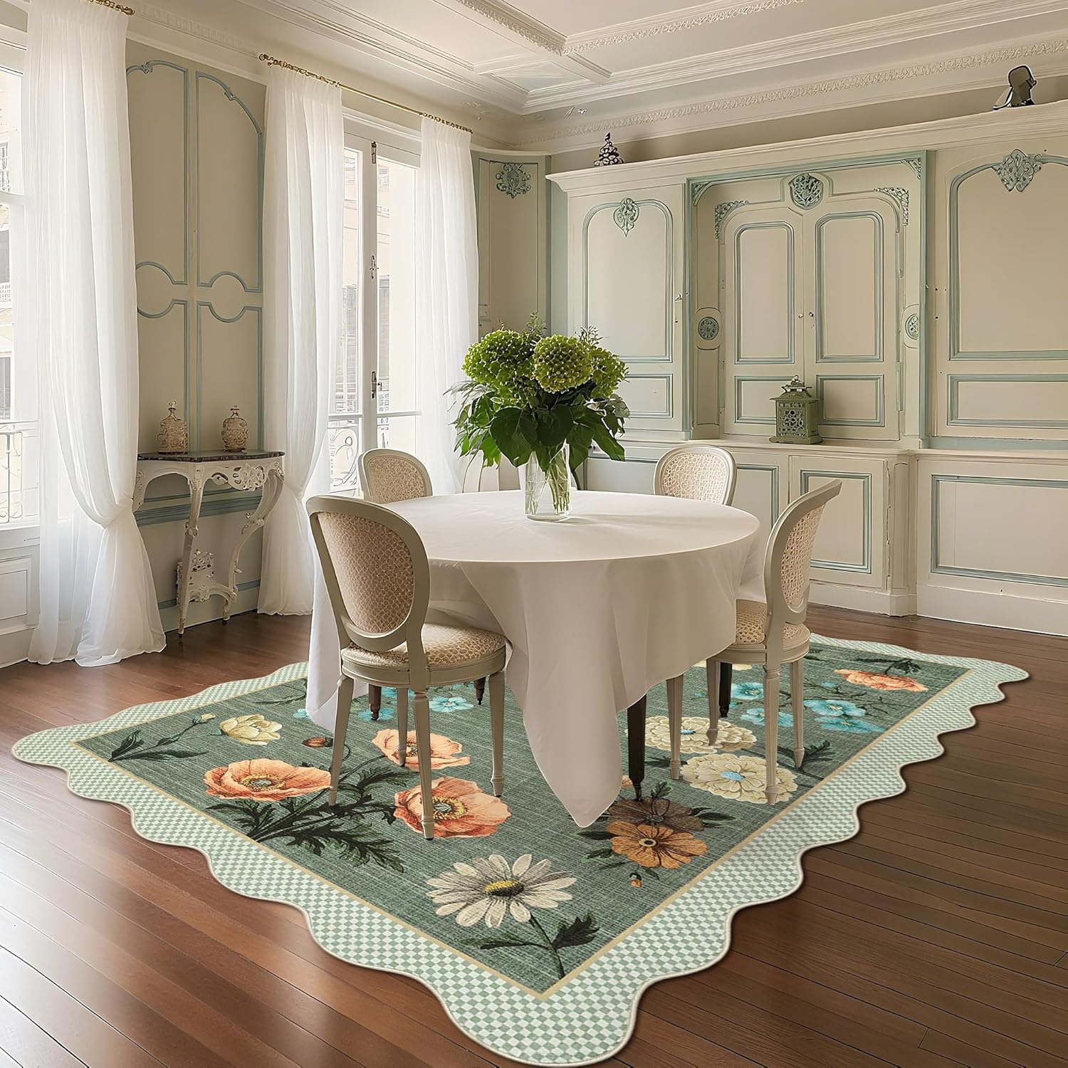 GarveeHome Floral 4x6 Rug, Ultra-Thin Soft Scalloped 4X6 Area Rug for Living Room, Non-Slip Stain Resistant Boho Lightweight Low-Pile Throw Rug for Nursery Office, Green