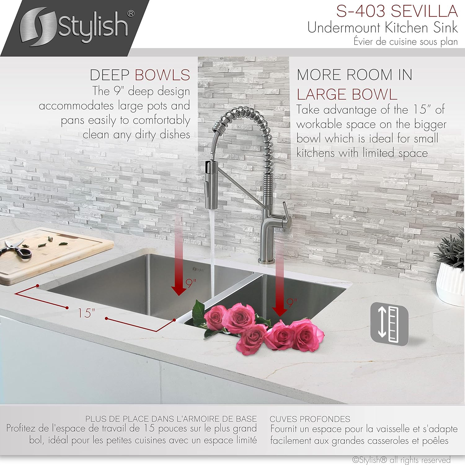 Stylish 28 x 18 Inch Undermount Kitchen Sink 9 Inches Deep Reversible 10mm Radius Corners 18G Double Bowl Stainless Steel Sink with Standard Metal Strainers, S-403