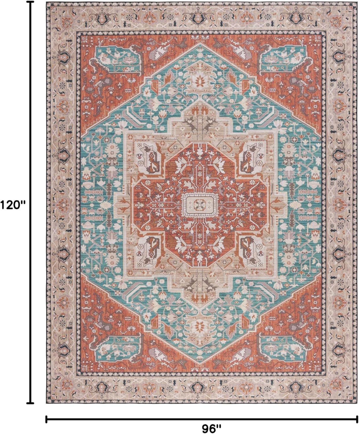 SAFAVIEH Washable Rug Tucson Collection - 8' x 10', Aqua & Rust, Slip Resistant & Easy to Clean, Ideal for Living Room, Bedroom, Dining Space (TSN150J)