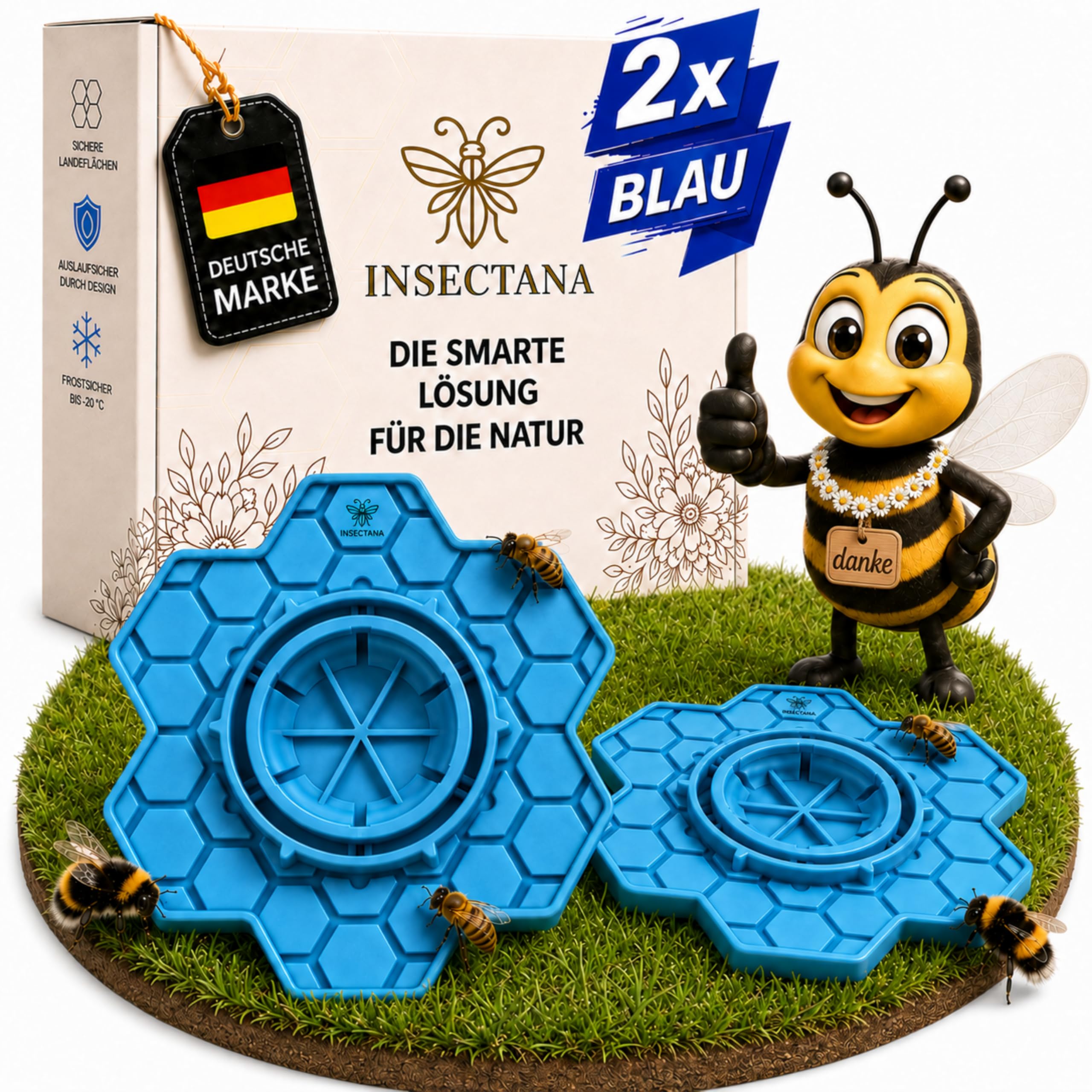 Insectana® Bienentränke 2er Set Blau – Insektentränke aus BPA-freiem Silikon für Garten & Balkon – Wasserspender für Bienen Hummeln Schmetterlinge – UV-beständig Spülmaschinenfest Imker Zubehör