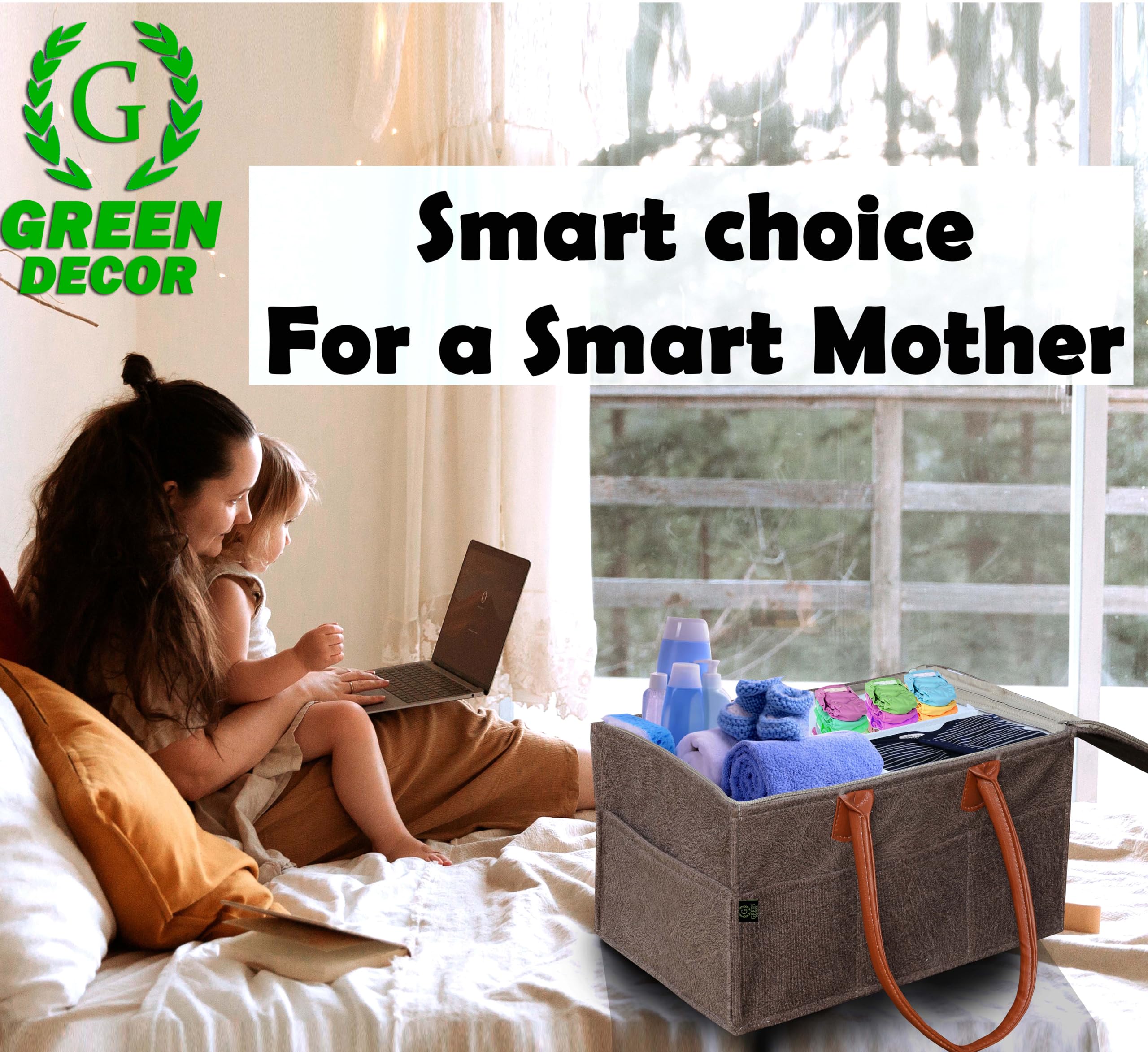 GREEN DECOR- Heavy Duty 400 GSM Non Woven Fabric Cute Diaper Caddy Bag with Handles & Zip Lock for Smart Mothers Baby Wipes Felt Storage Organizers,Foldable and Portable (Dapple Brown-15X10X8 Inch) - Image 7 thumbnail